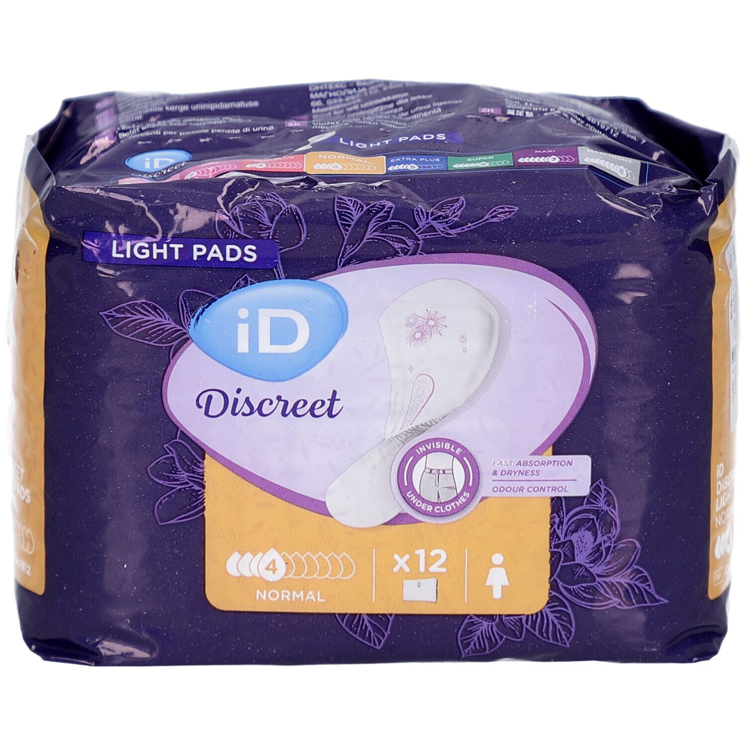 Paquet de protections iD Discreet Light Pads Normal. Le produit et l'emballage sont visibles. Contient 12 unités. Caractéristiques visibles.