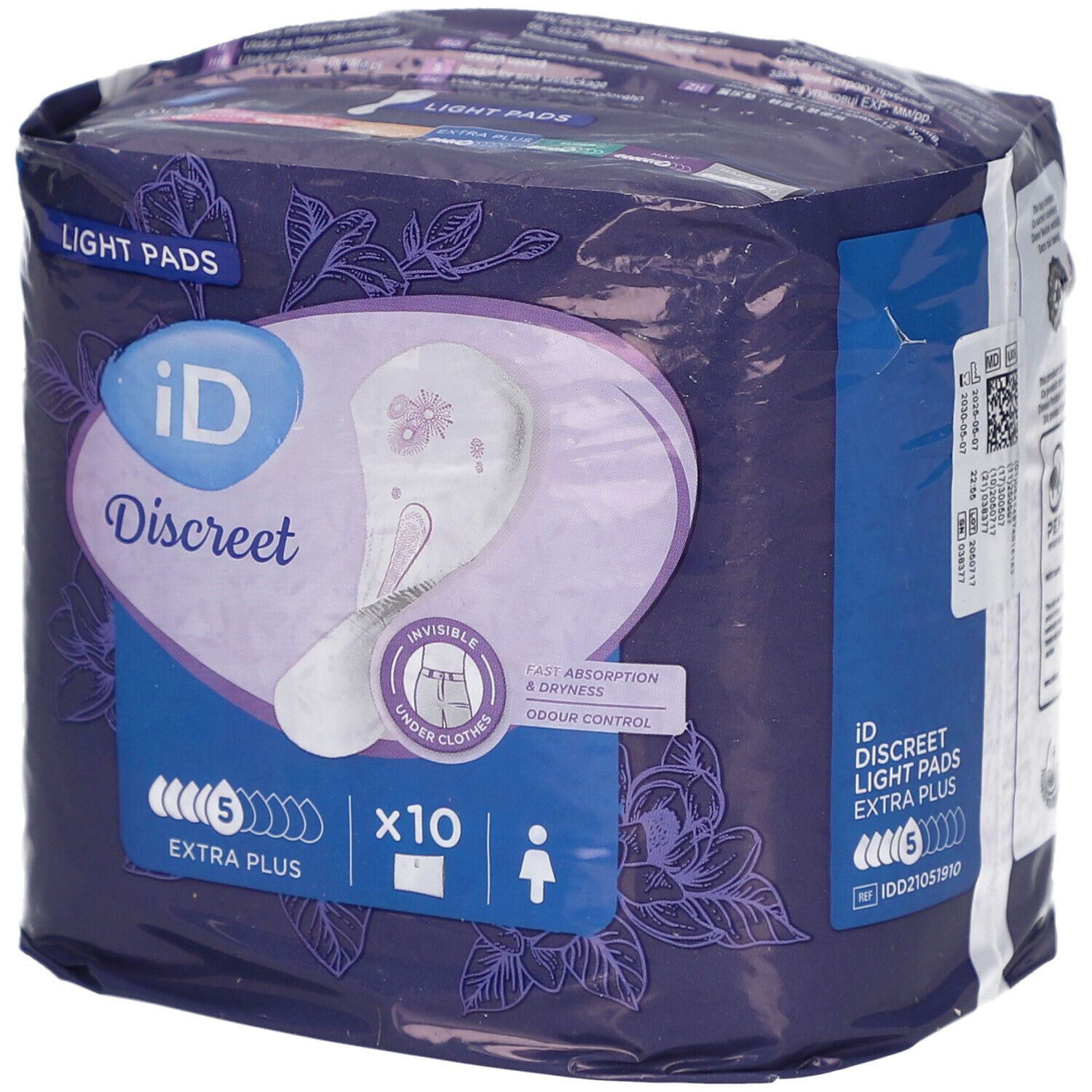 Paquet de iD Discreet Light Pads Extra Plus. Visible : marque, nom du produit, absorption, quantité. Emballage violet avec motif floral.