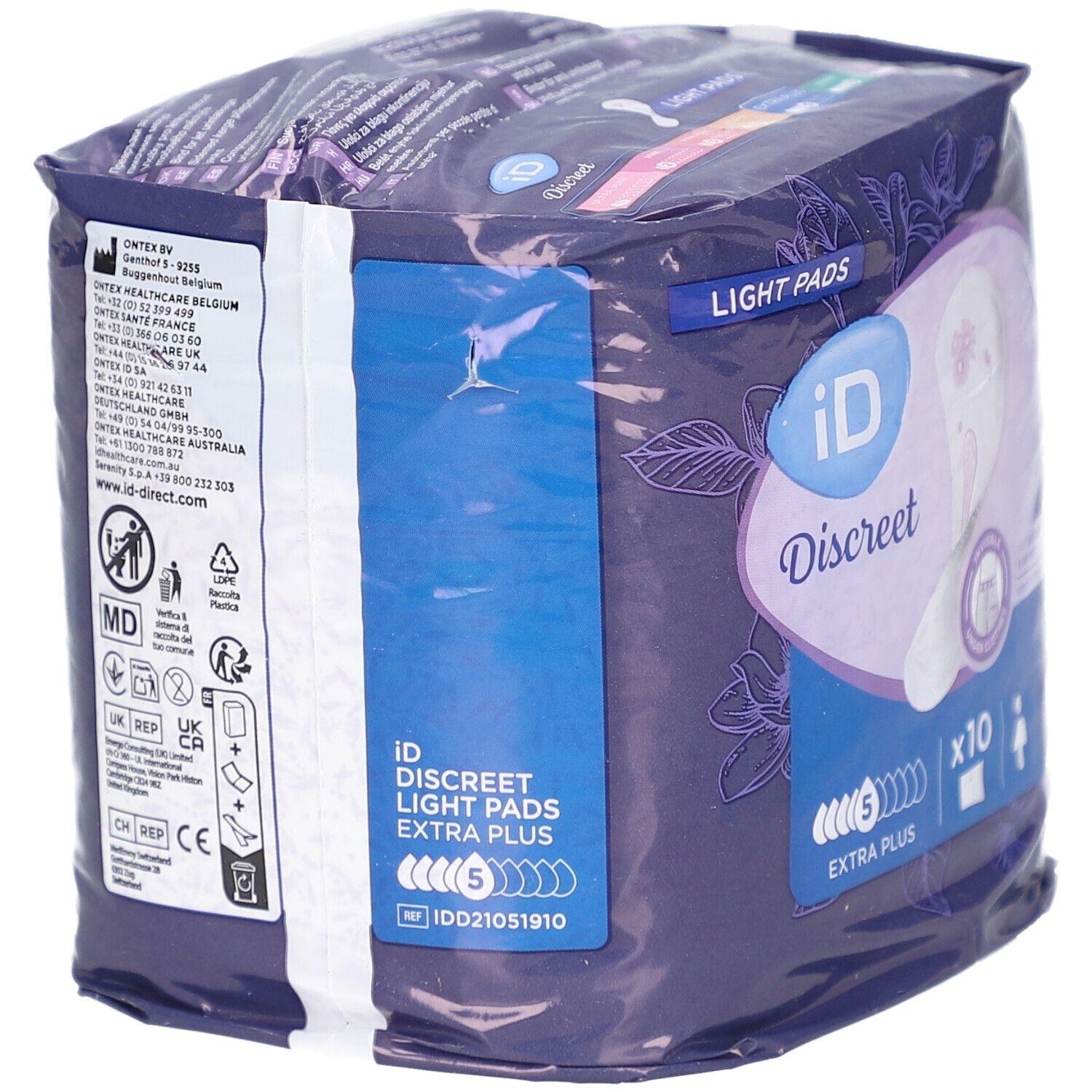 Paquet de iD Discreet Light Pads Extra Plus. Arrière avec informations produit. Emballage violet. Texte en plusieurs langues.