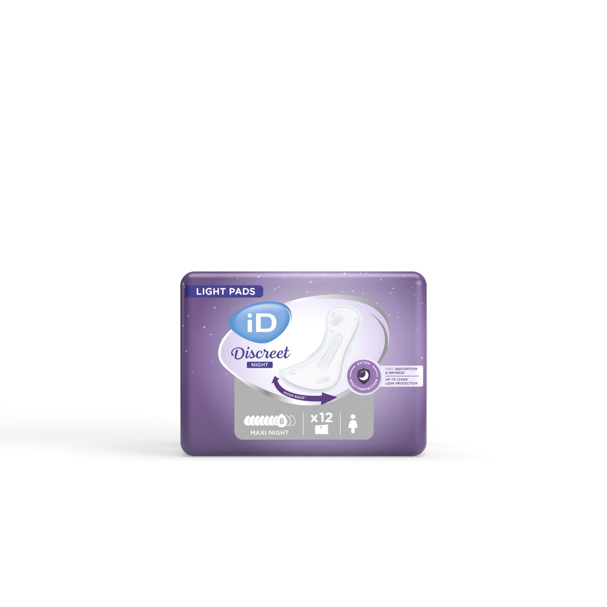 Paquet iD Discreet Light Maxi Night. Emballage violet avec image et texte du produit. Contient 12 unités.