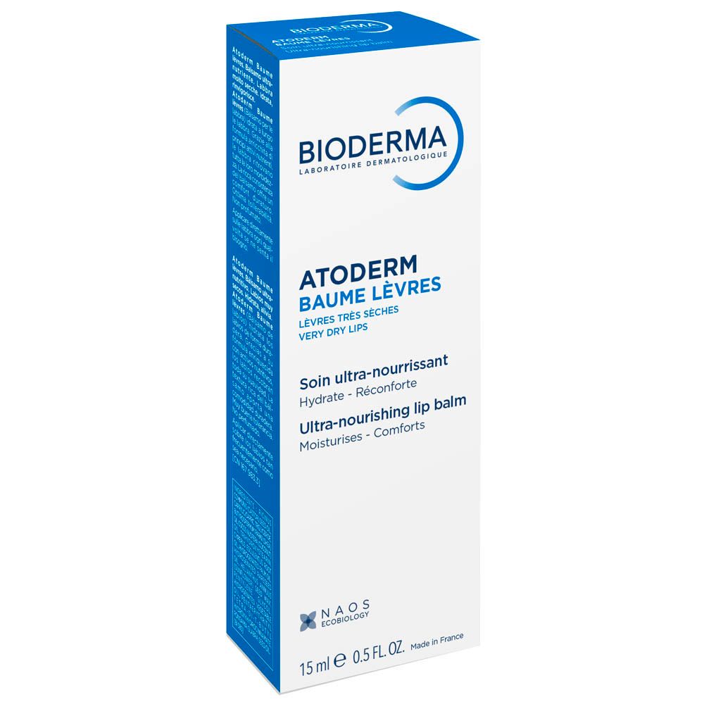 Bioderma Atoderm Baume Lèvres. Produit et emballage. Boîte blanche.