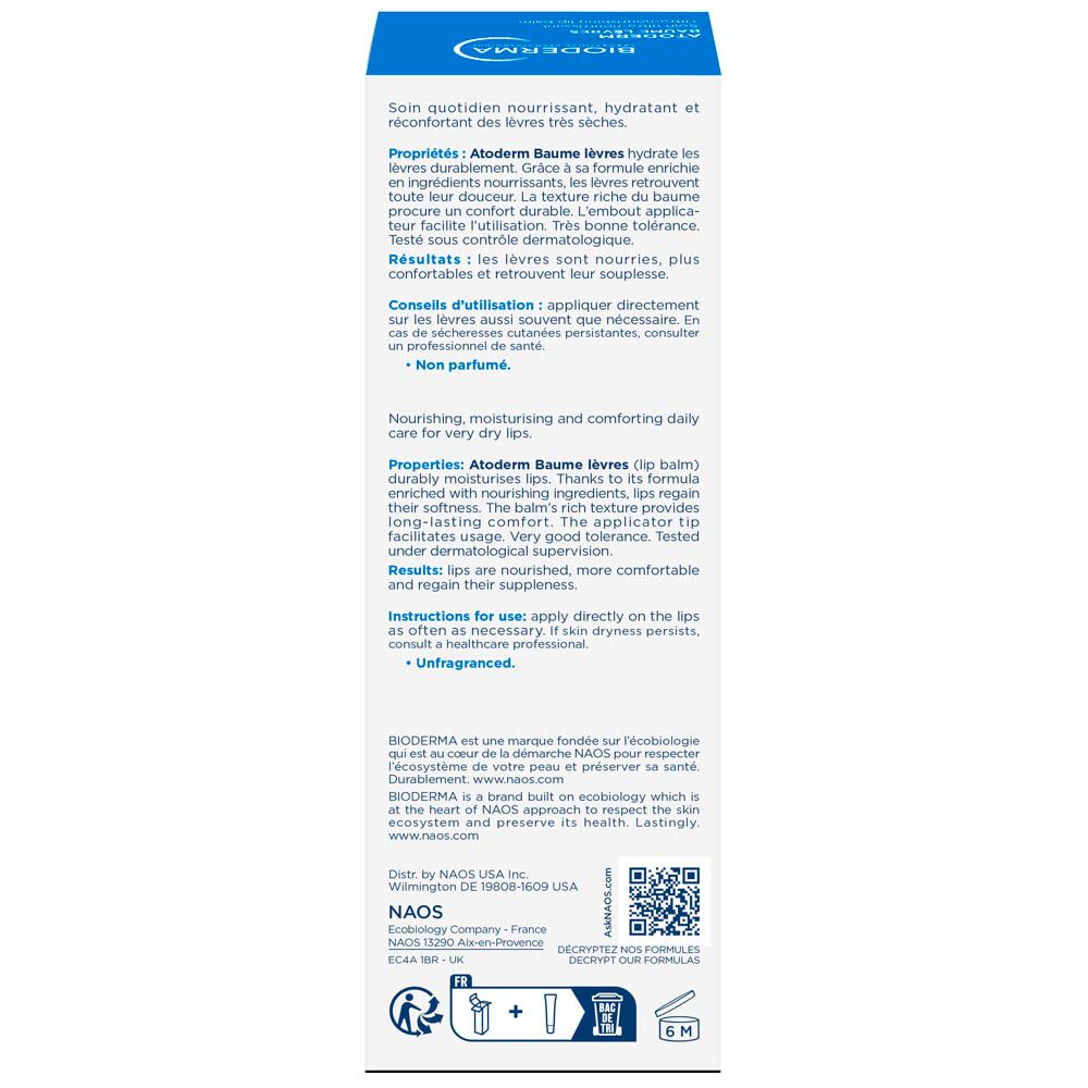 Côté de l'emballage Bioderma Atoderm Baume Lèvres. Texte multilingue.