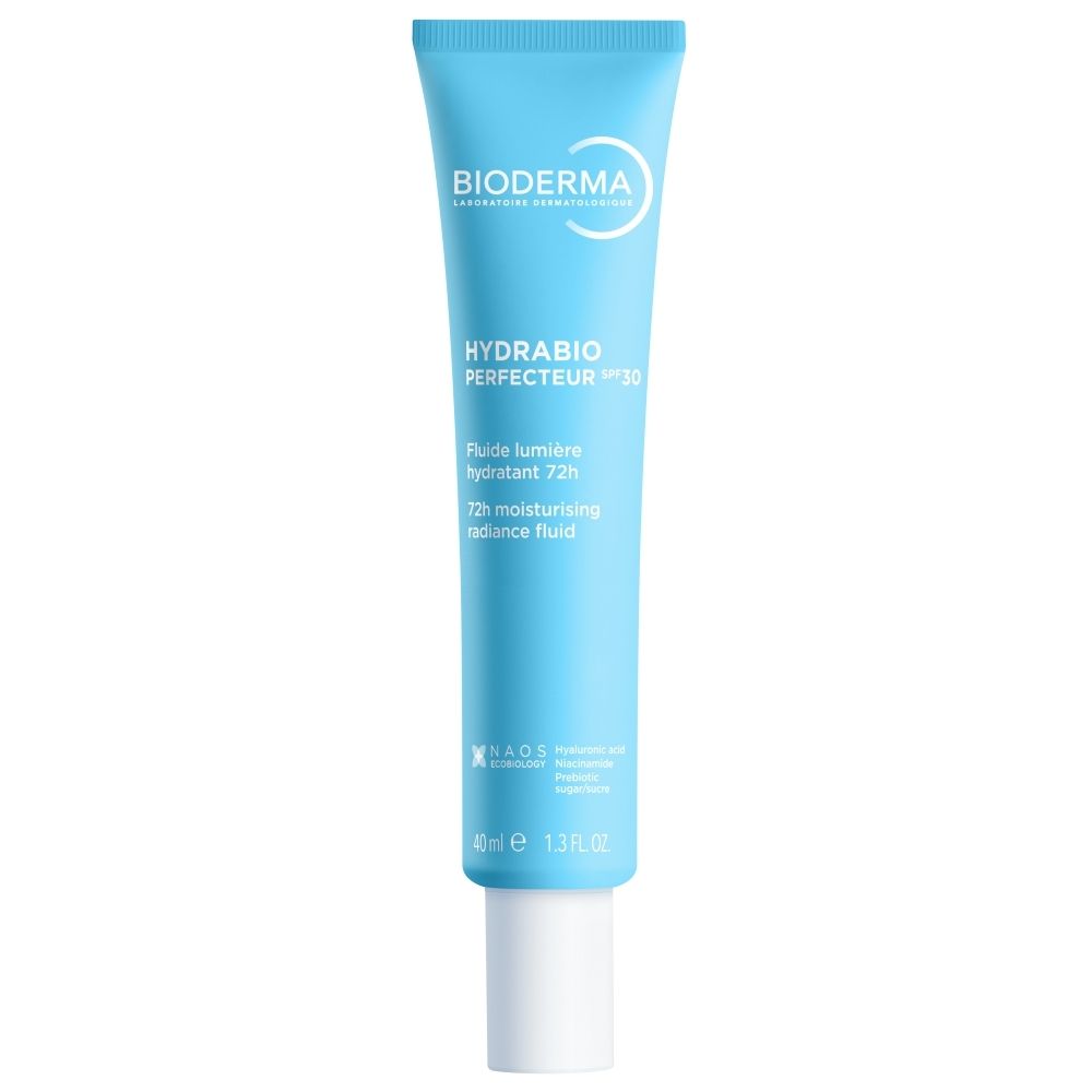 Tube bleu clair avec bouchon blanc. Inscription: BIODERMA, HYDRABIO Perfecteur SPF 30.