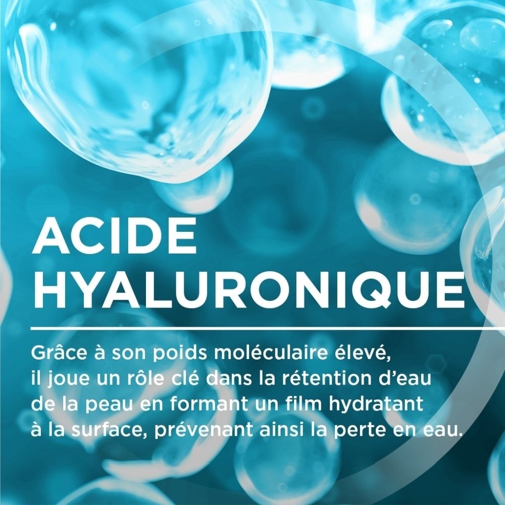 Bulles. Texte: ACIDE HYALURONIQUE. Hydratation.