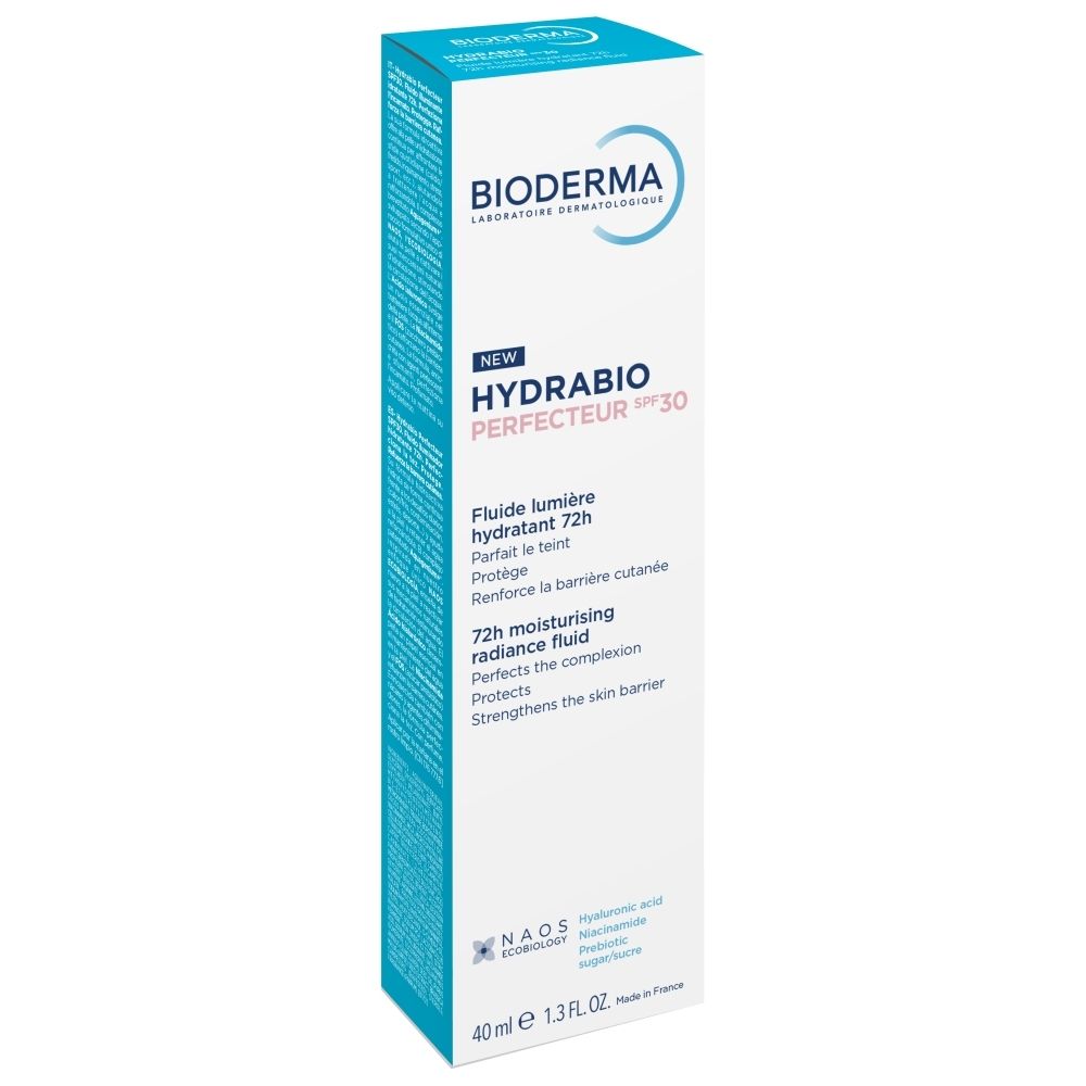 Boîte blanche. Inscription: BIODERMA, HYDRABIO Perfecteur SPF 30.