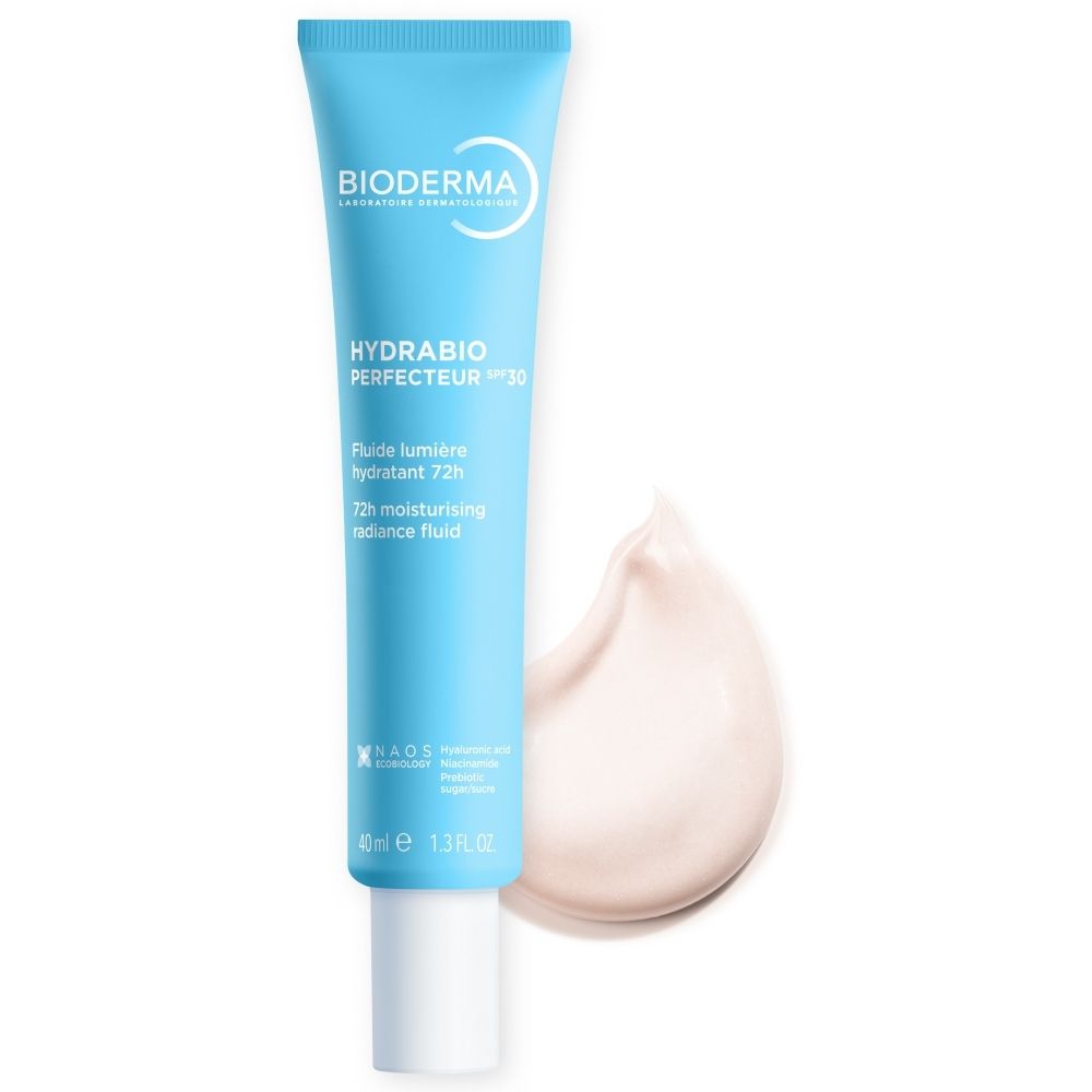 Tube bleu clair avec crème. Inscription: BIODERMA, HYDRABIO Perfecteur SPF 30.