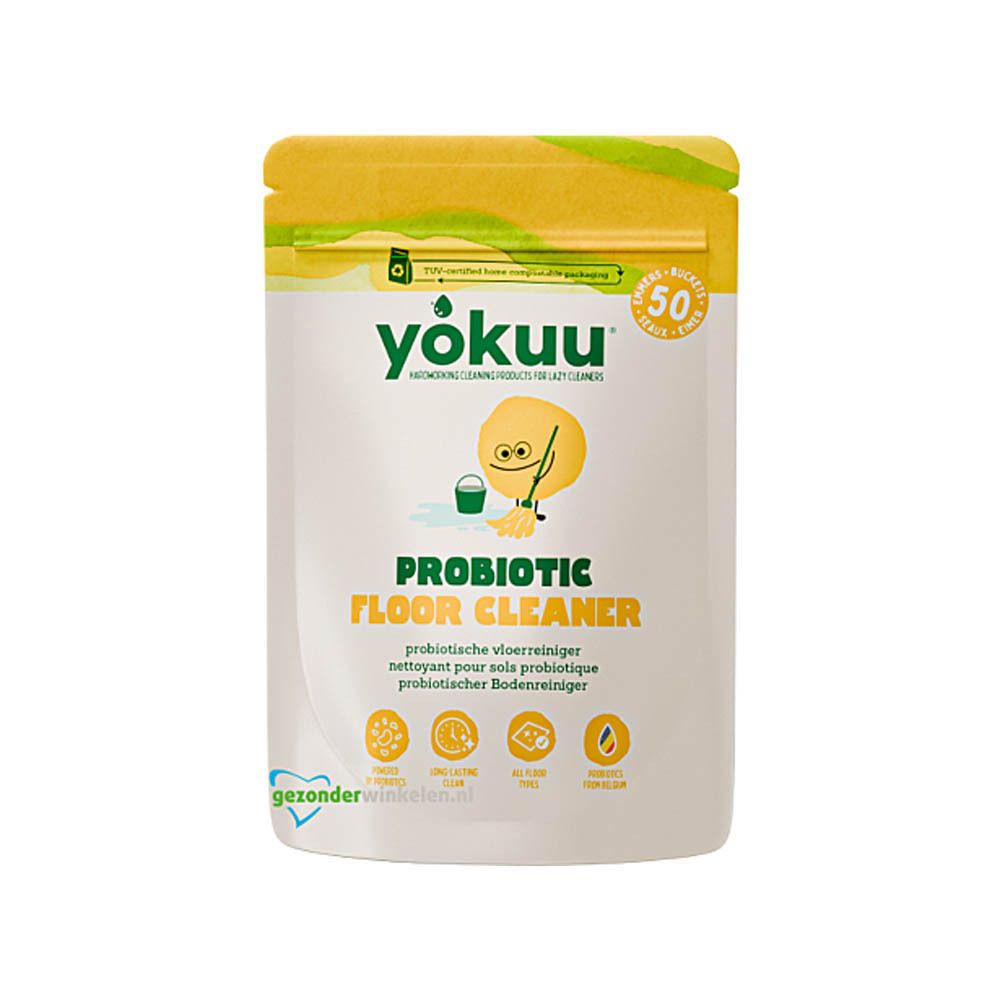 Sachet de nettoyant pour sols probiotique Yokuu. Vue de face avec logo, nom du produit et illustration. Icône 50 doses.