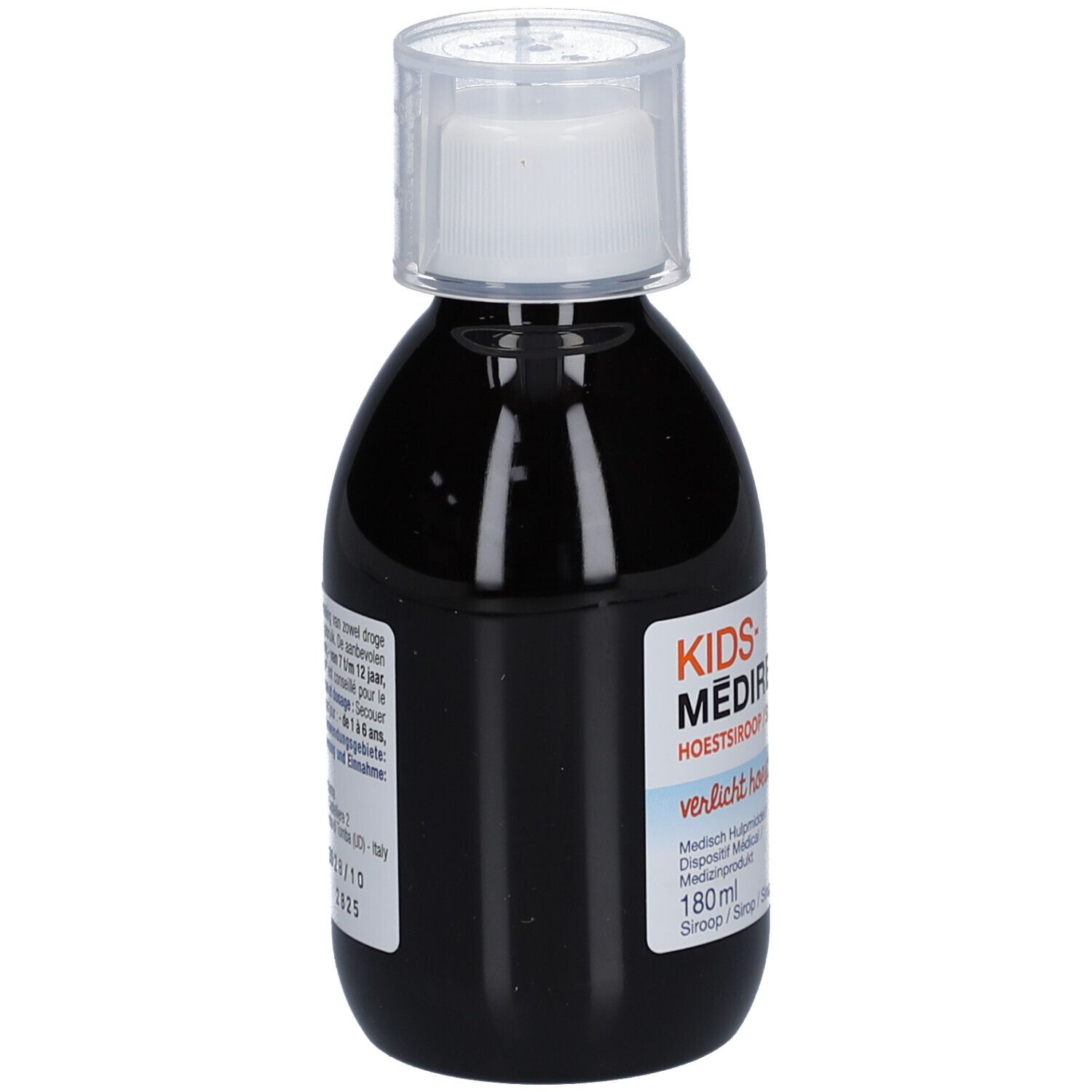 Flacon de sirop contre la toux. Liquide noir, bouchon blanc. Étiquette avec informations.