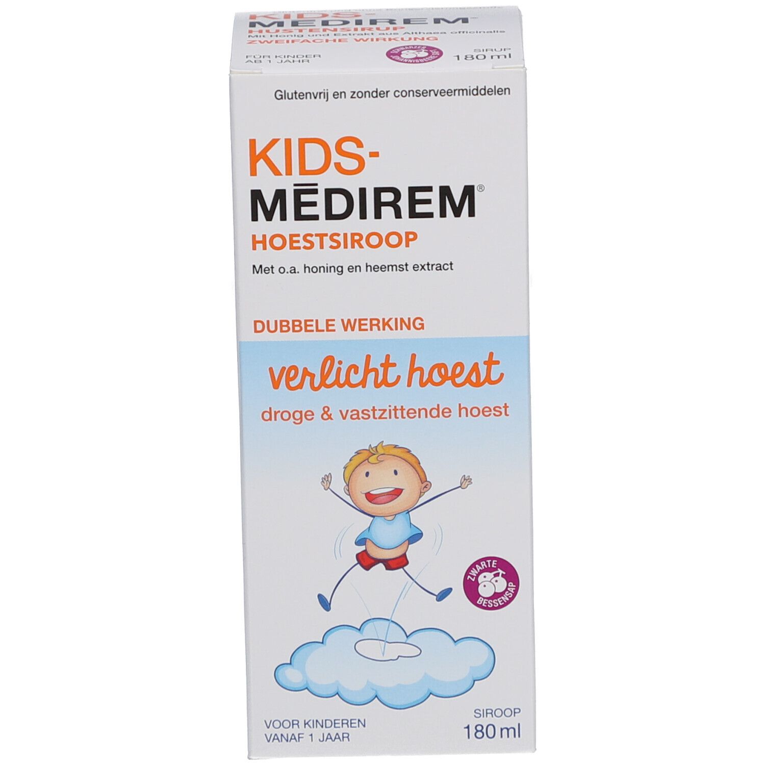 Boîte de sirop contre la toux. Blanche avec texte et illustration. Nom et logo du produit.