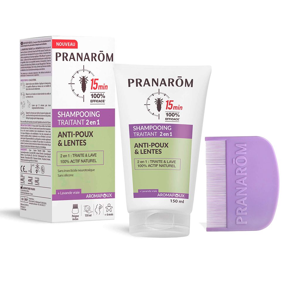 Boîte, tube et peigne. Pranarôm Shampooing Traitant 2 en 1 Anti-Poux & Lentes. Peigne inclus. 15 min. 100% efficace.