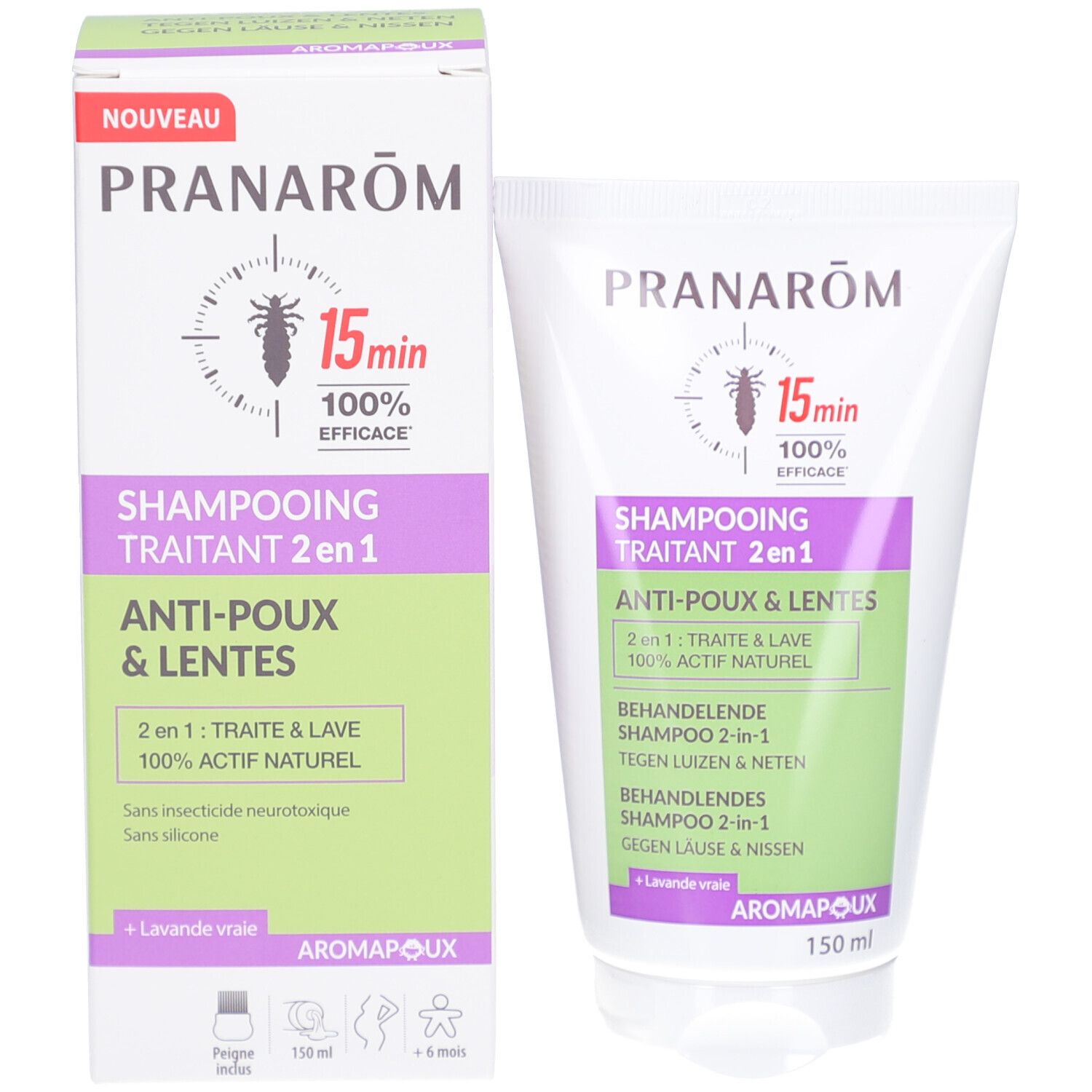 Emballage et tube. Emballage: blanc, violet, vert. Inscriptions: Pranarôm, Shampooing traitant 2 en 1, Anti-poux & lentes.