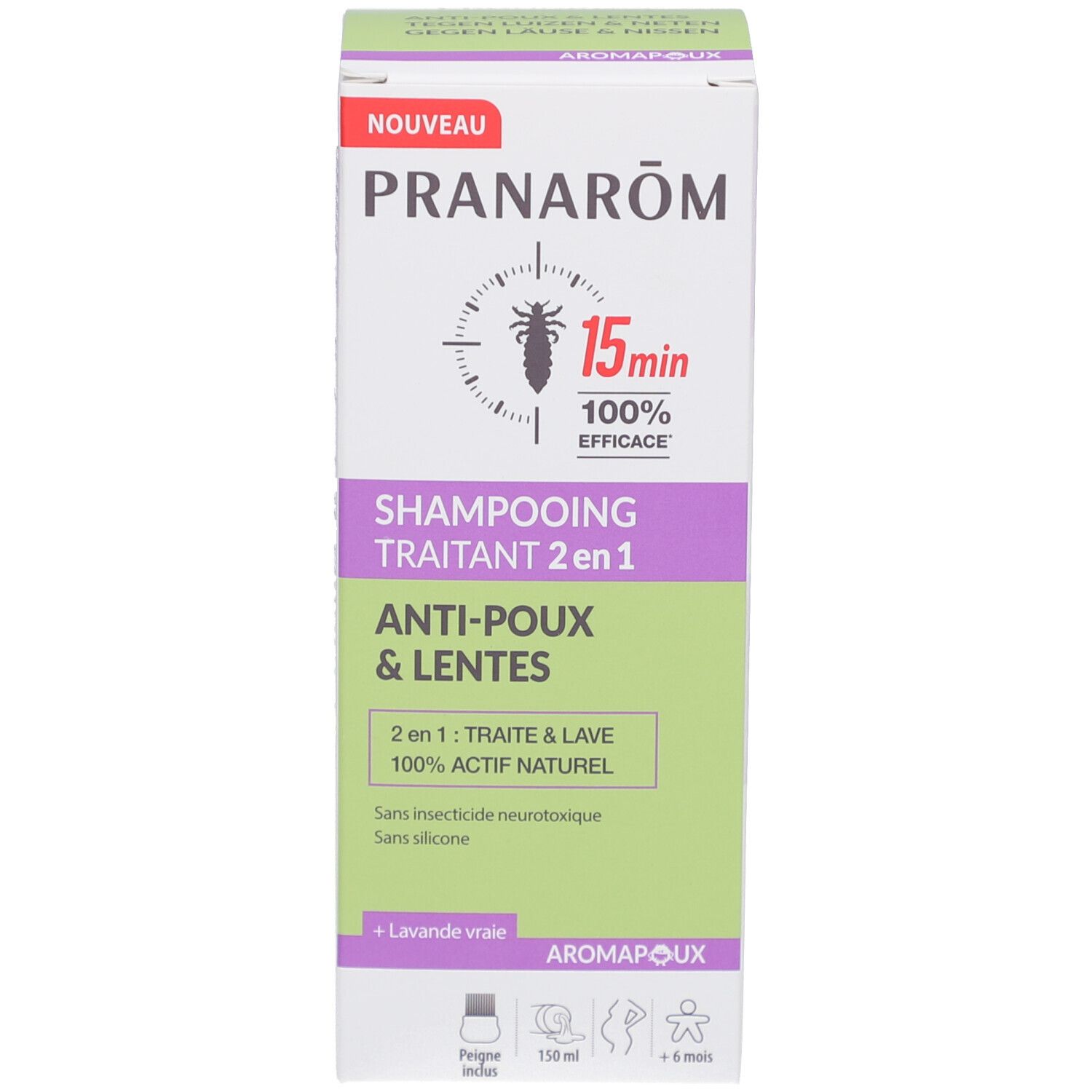 Emballage du produit. Blanc, violet, vert. Inscriptions: Pranarôm, Shampooing traitant 2 en 1, Anti-poux & lentes, 15 min.