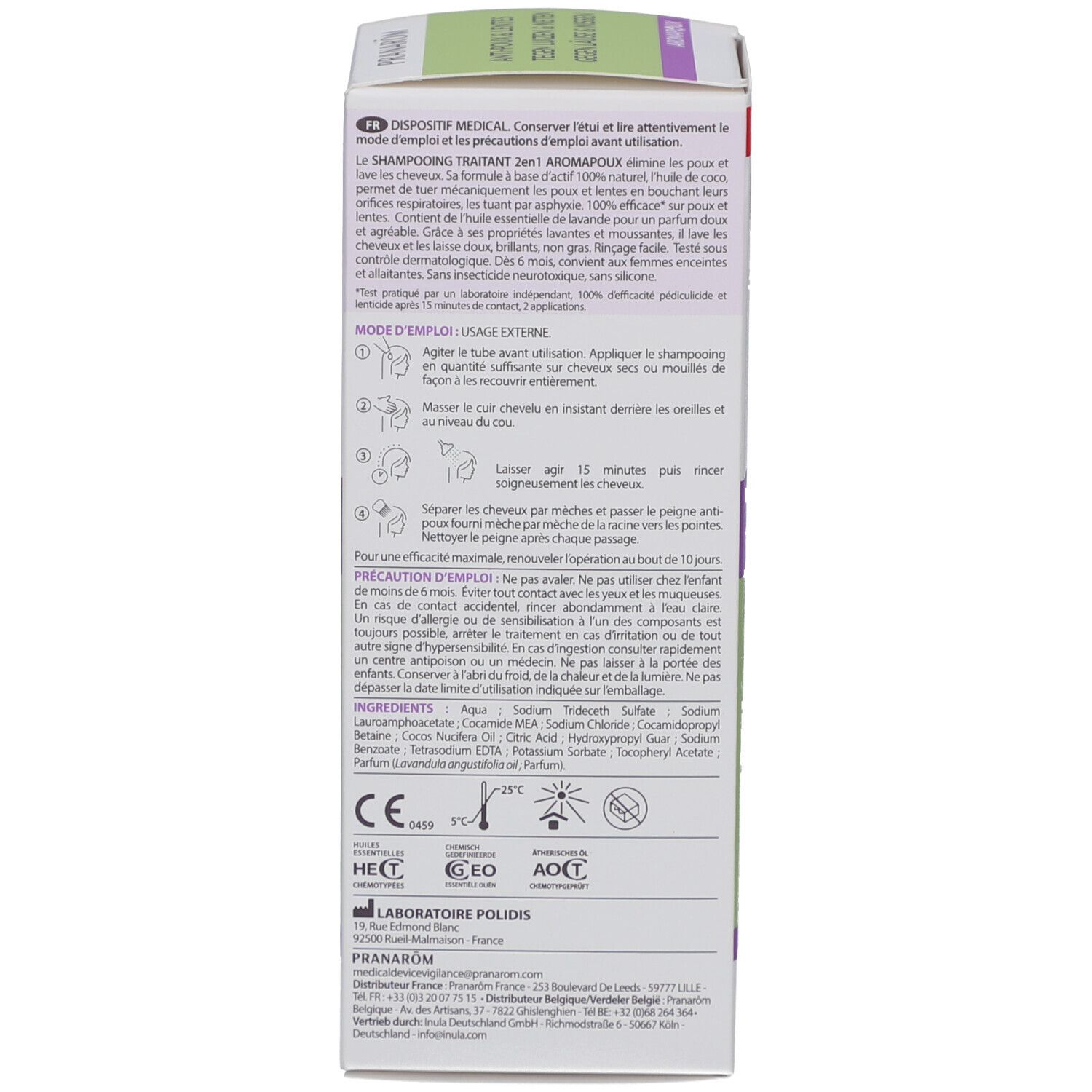 Dos de l'emballage. Texte multilingue. Mode d'emploi, ingrédients, avertissements, certifications.