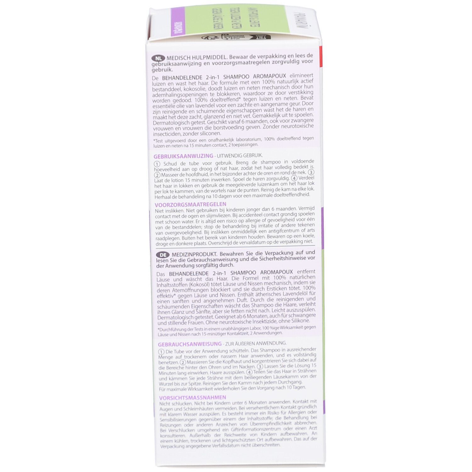 Dos de l'emballage. Texte multilingue. Mode d'emploi, ingrédients, avertissements, certifications.