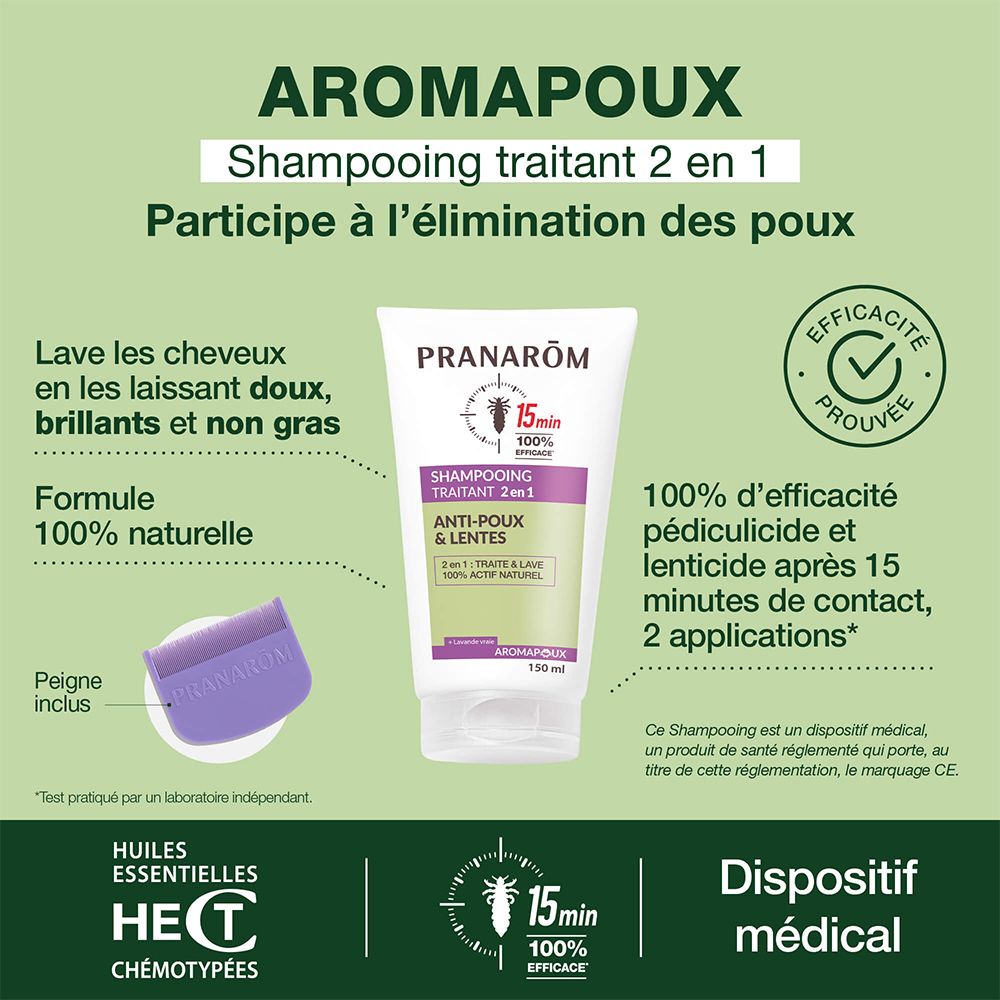 Tube et peigne. Pranarôm Shampooing Traitant 2 en 1 Anti-Poux & Lentes. 15 min. 100% efficace. Peigne inclus.