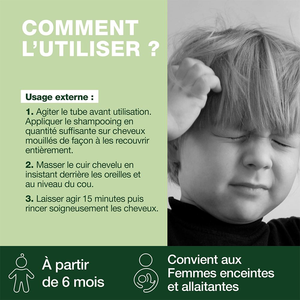 Enfant se grattant la tête. Pranarôm Shampooing Traitant 2 en 1 Anti-Poux & Lentes. Dès 6 mois. Convient aux femmes enceintes.