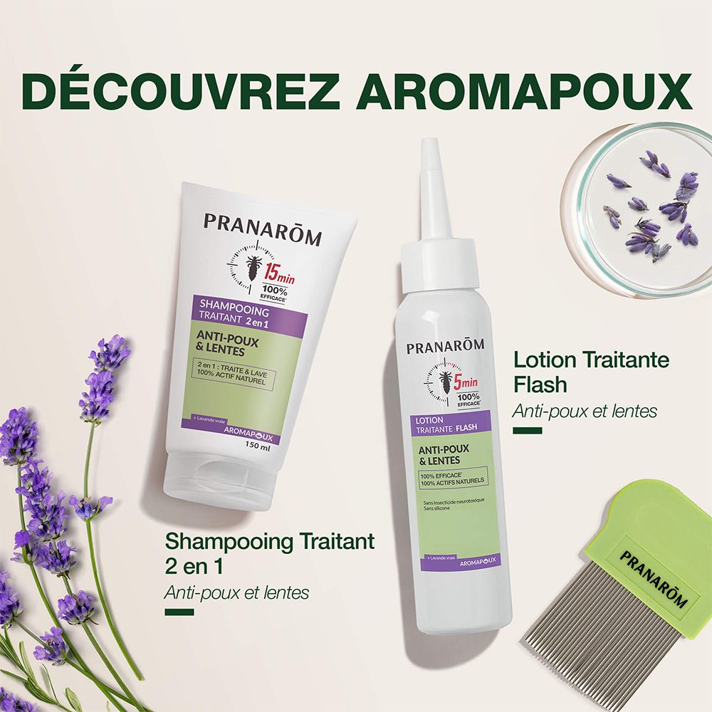 Pranarôm Shampooing Traitant 2 en 1 Anti-Poux & Lentes. Lotion Traitante Flash. Avec lavande. Peigne.