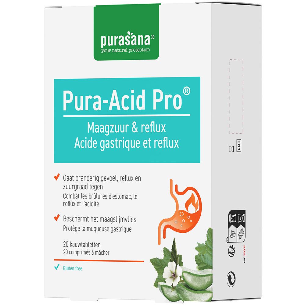 Boîte Purasana Pura-Acid Pro®. Carton blanc, dessus vert. Nom du produit et informations imprimées.