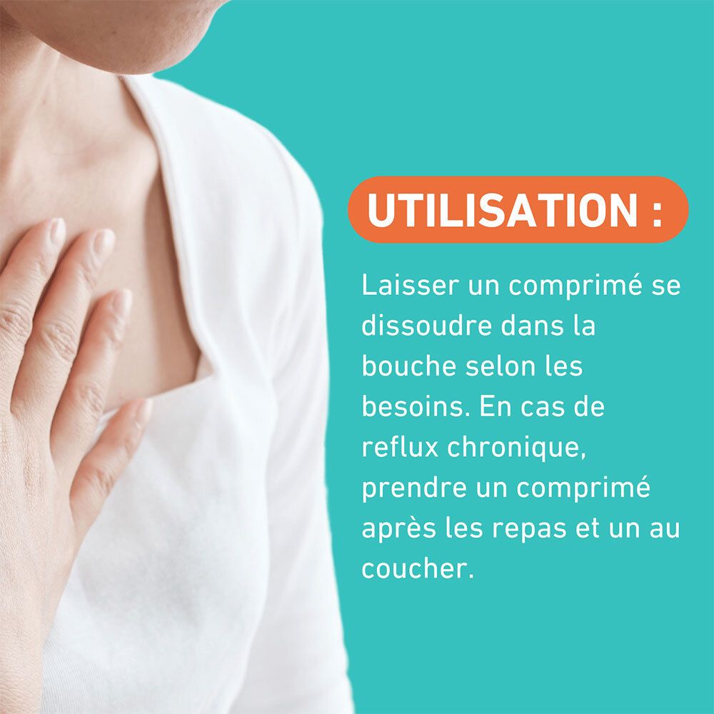 Infographie : personne touchant sa poitrine. Texte : Utilisation. Dissoudre un comprimé en bouche.