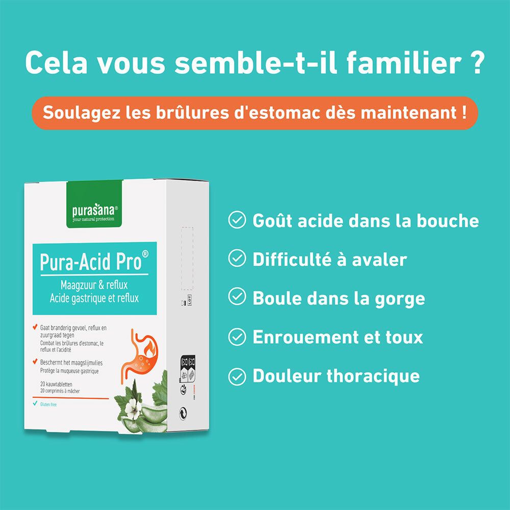 Infographie : boîte Pura-Acid Pro®. Texte : Symptômes. Goût acide, difficulté à avaler.