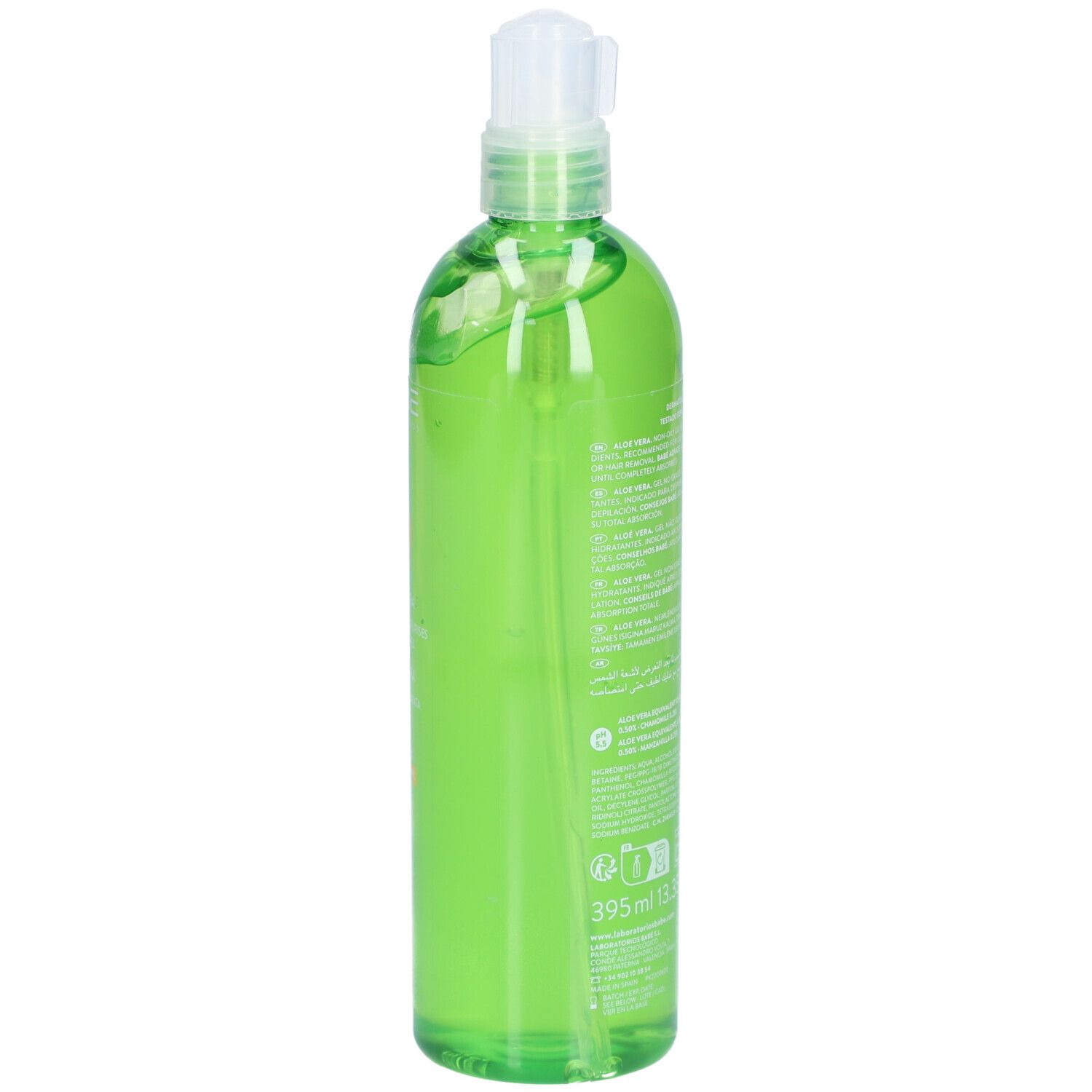 Flacon vert avec pompe. Inscription: BABÉ, Aloe Vera. Hydrate et apaise. Pour tous types de peau.