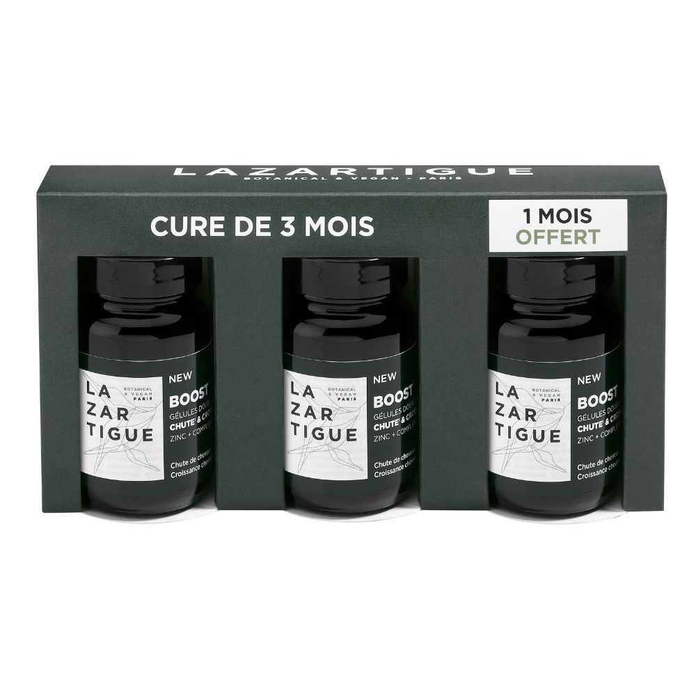 Coffret noir avec trois flacons. Inscription: Lazartigue, cure de 3 mois. 1 mois offert.