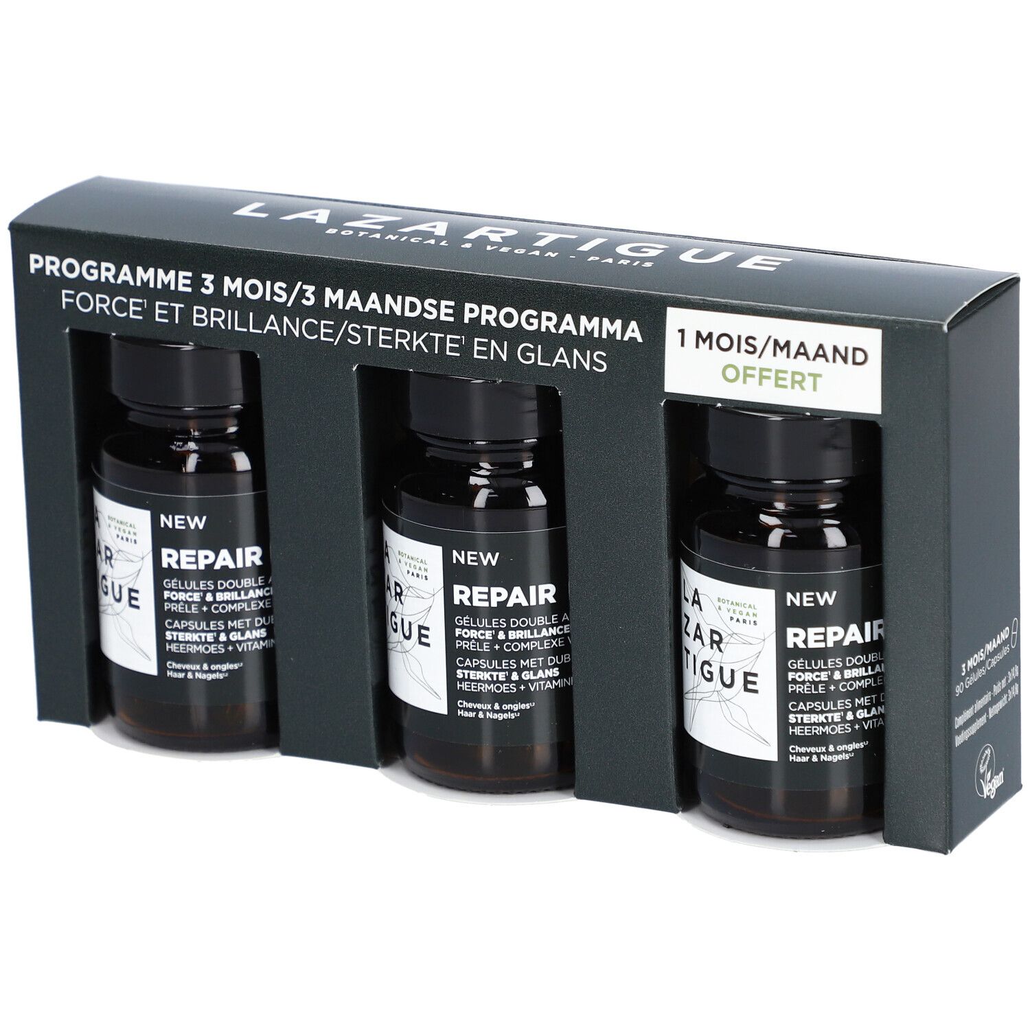 Coffret noir avec trois flacons. Inscription: Lazartigue, Repair, Programme 3 mois. 1 mois offert.