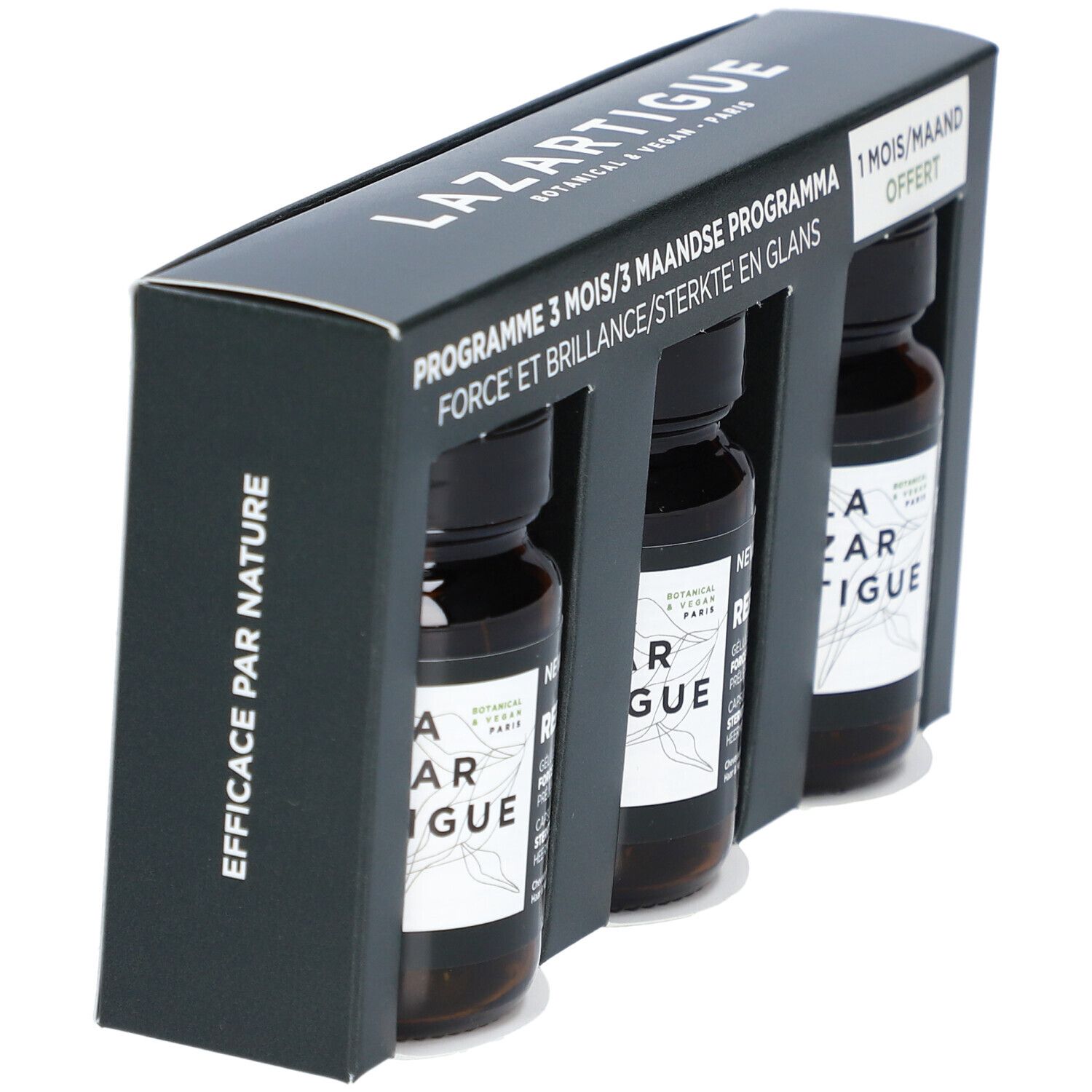 Boîte noire avec trois flacons. Inscription: Lazartigue, Repair, Programme 3 mois. 1 mois offert.