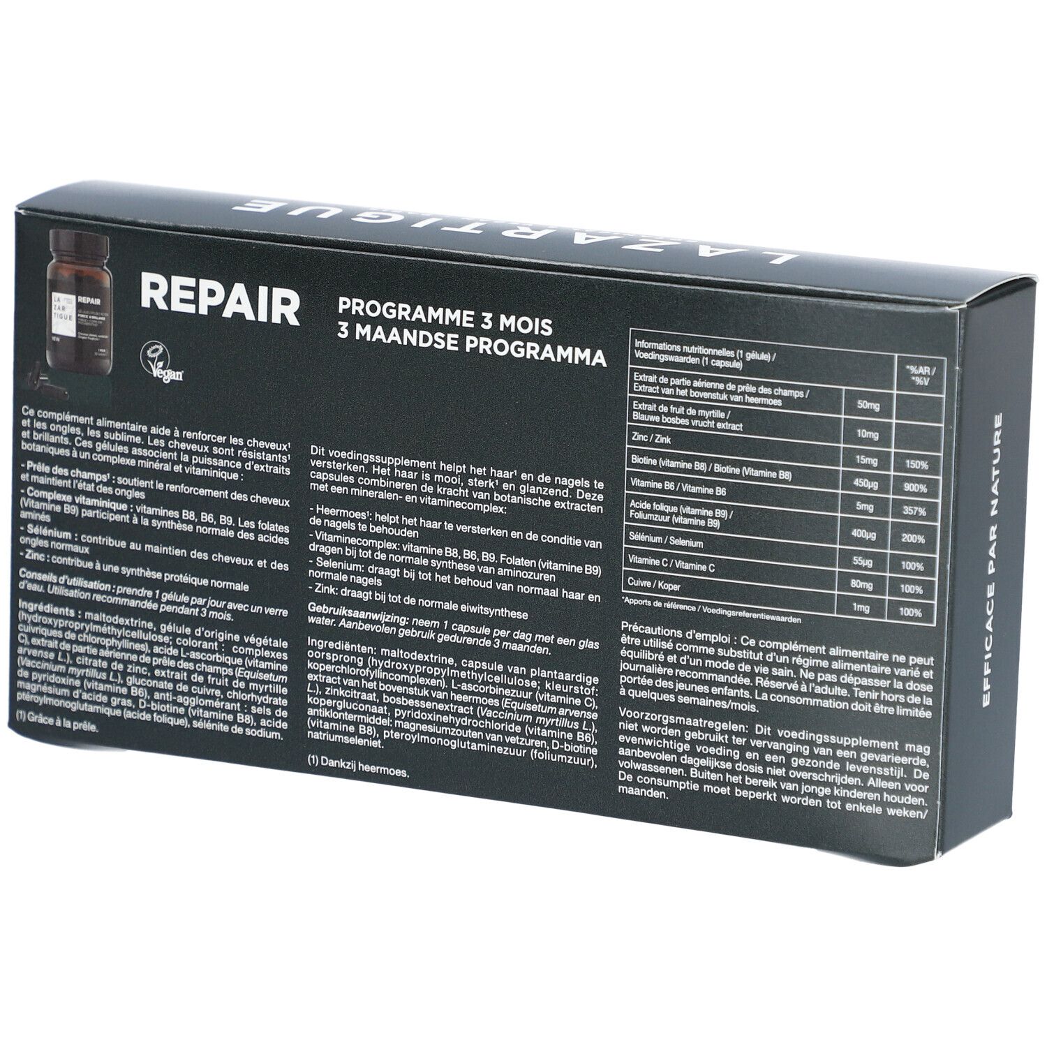 Boîte noire avec informations produit. Inscription: Repair, Programme 3 mois. Logo vegan.