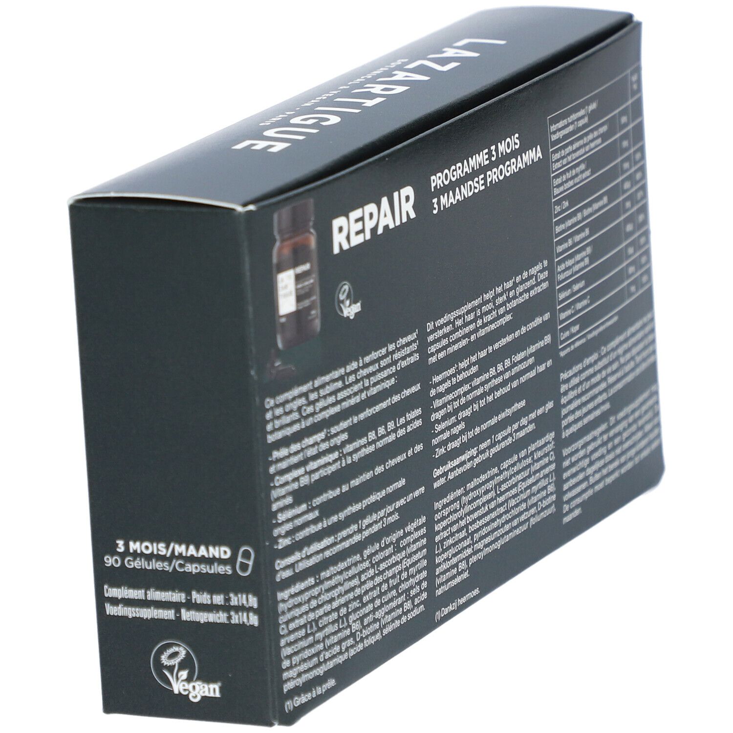 Boîte noire avec informations produit. Inscription: Repair, Programme 3 mois. Logo vegan.