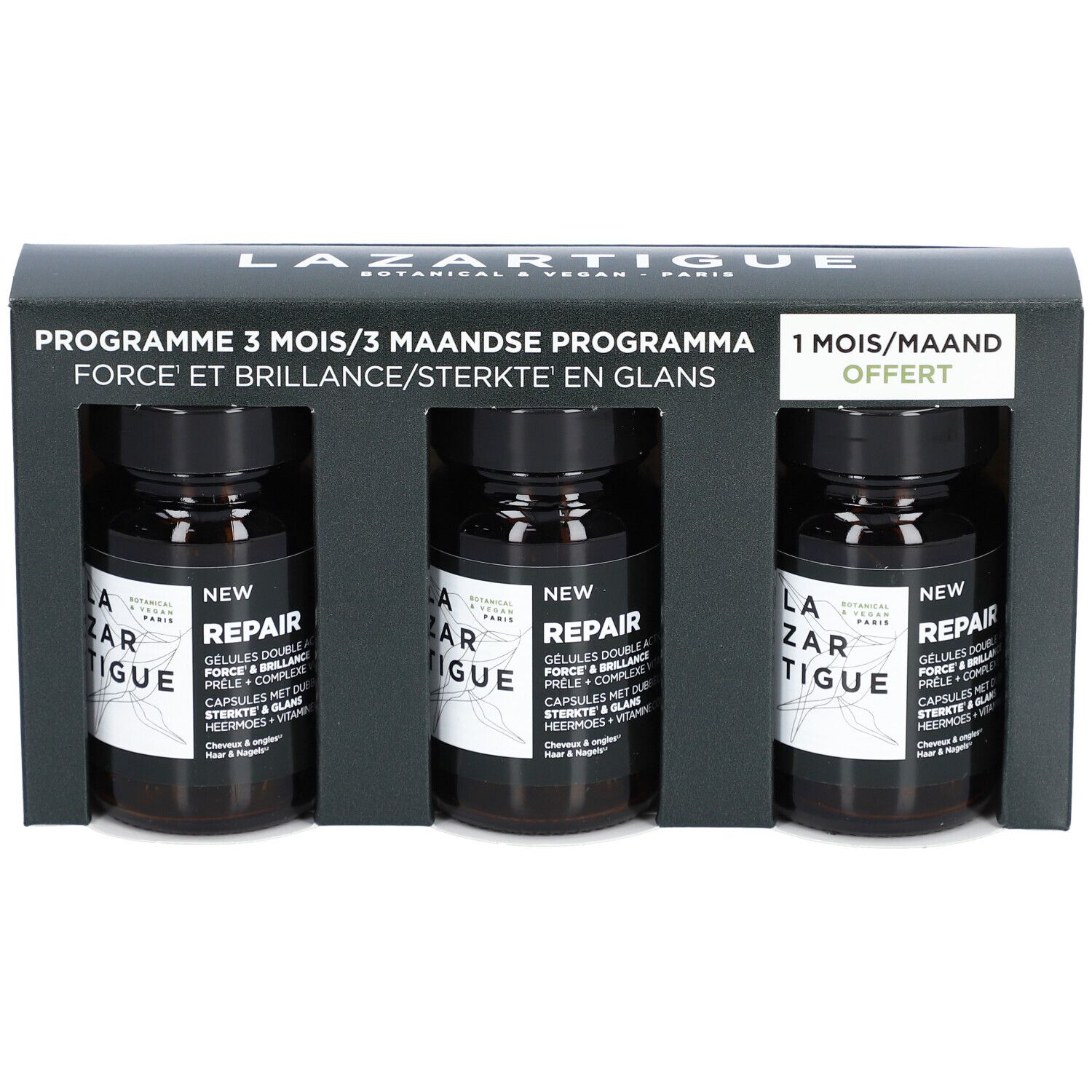 Coffret noir avec trois flacons. Inscription: Lazartigue, Repair, Programme 3 mois. 1 mois offert.