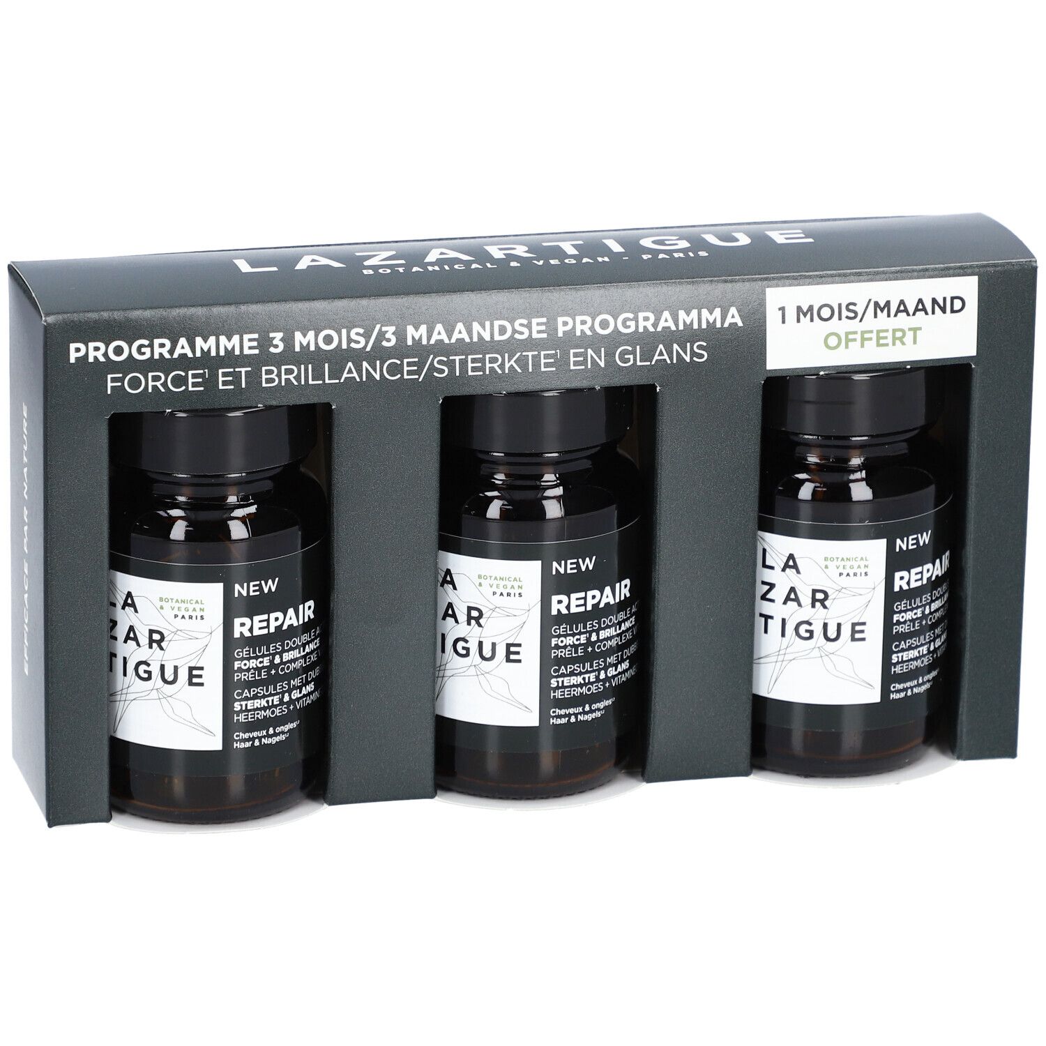 Coffret noir avec trois flacons. Inscription: Lazartigue, Repair, Programme 3 mois. 1 mois offert.