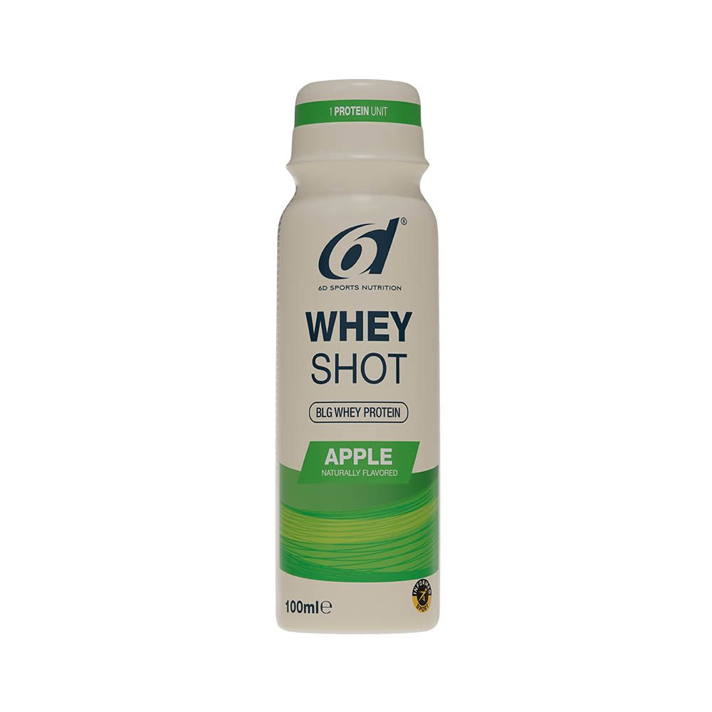 Bouteille de 6d Sports Nutrition Whey Shot Pomme. Design blanc et vert, logo, nom du produit, 100ml.