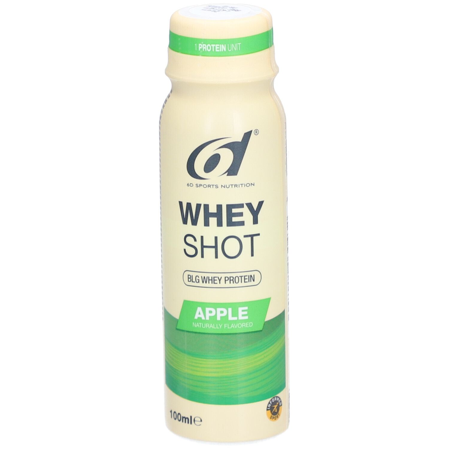 Bouteille beige avec étiquette verte. Inscription: Whey Shot, Apple, 6d Sports Nutrition. En haut: 1 Protein Unit.