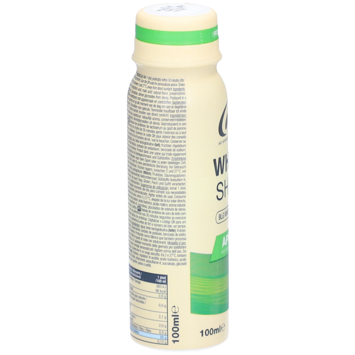 Bouteille beige avec texte. Dos avec texte et informations nutritionnelles. Inscription: 100ml.