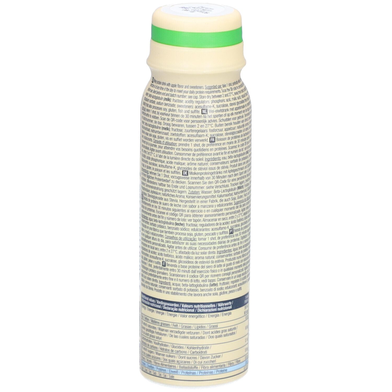 Bouteille beige avec texte et informations nutritionnelles. Inscription: 100ml. Dos avec texte.