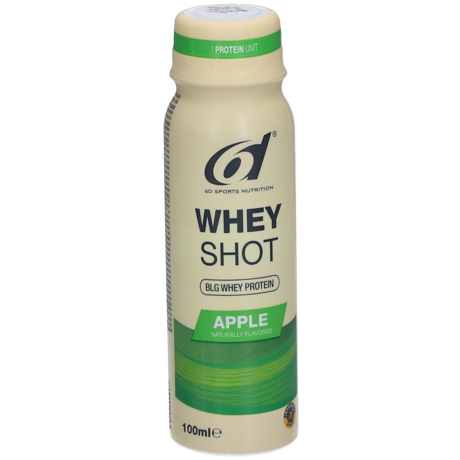 Bouteille beige avec étiquette verte. Inscription: Whey Shot, Apple, 6d Sports Nutrition. En haut: 1 Protein Unit.