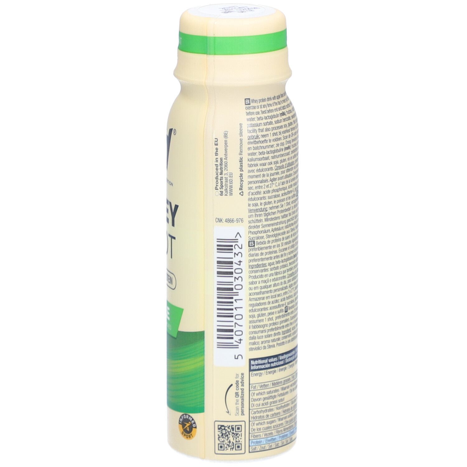 Bouteille beige avec texte et code-barres. Inscription: Whey Shot. Dos avec texte et QR code.