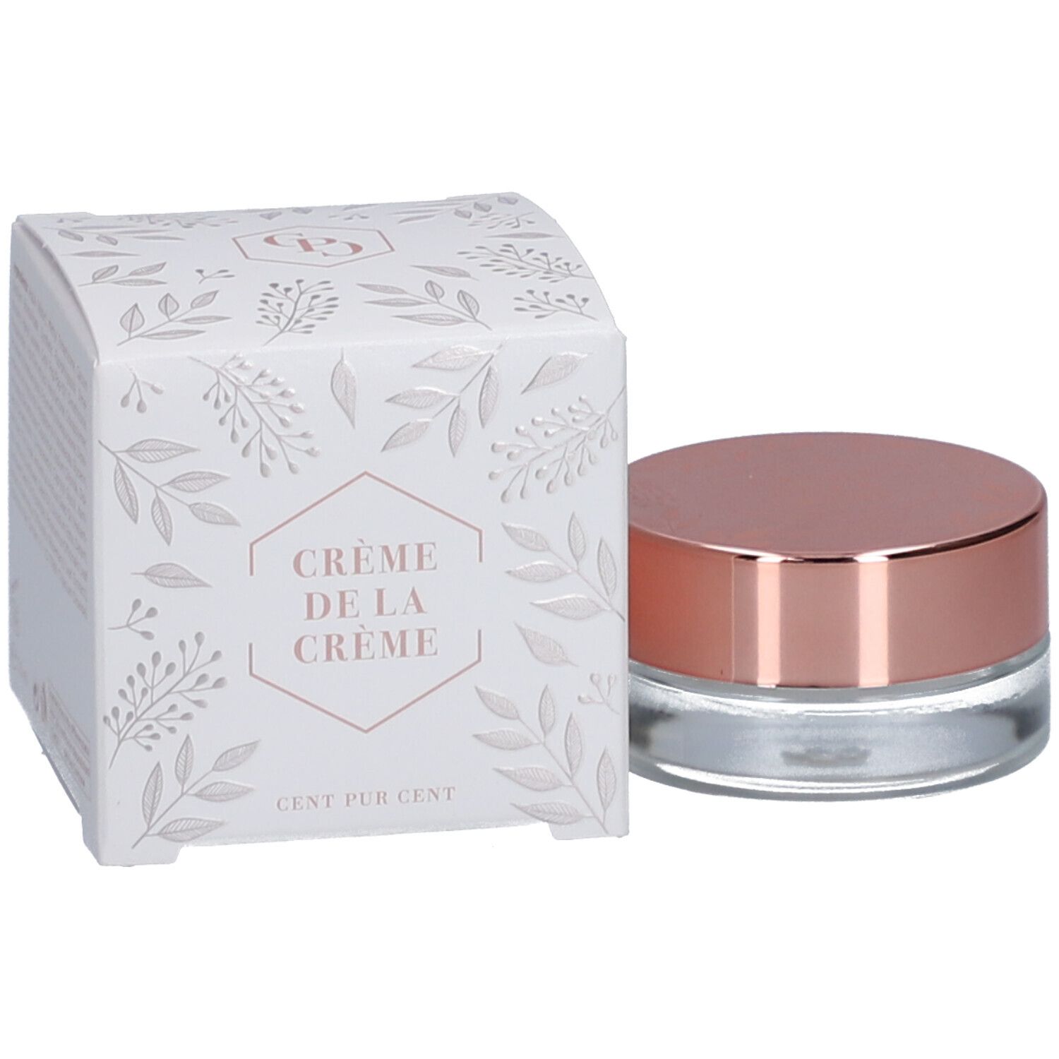 Topper crème en pot de verre avec couvercle doré rose. À côté, une boîte blanche avec motif floral et texte.