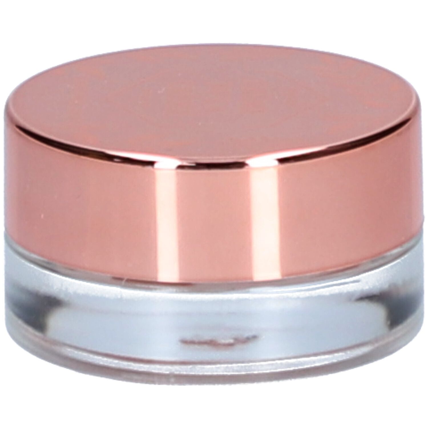 Petit pot rond avec couvercle or rose et récipient en verre transparent.