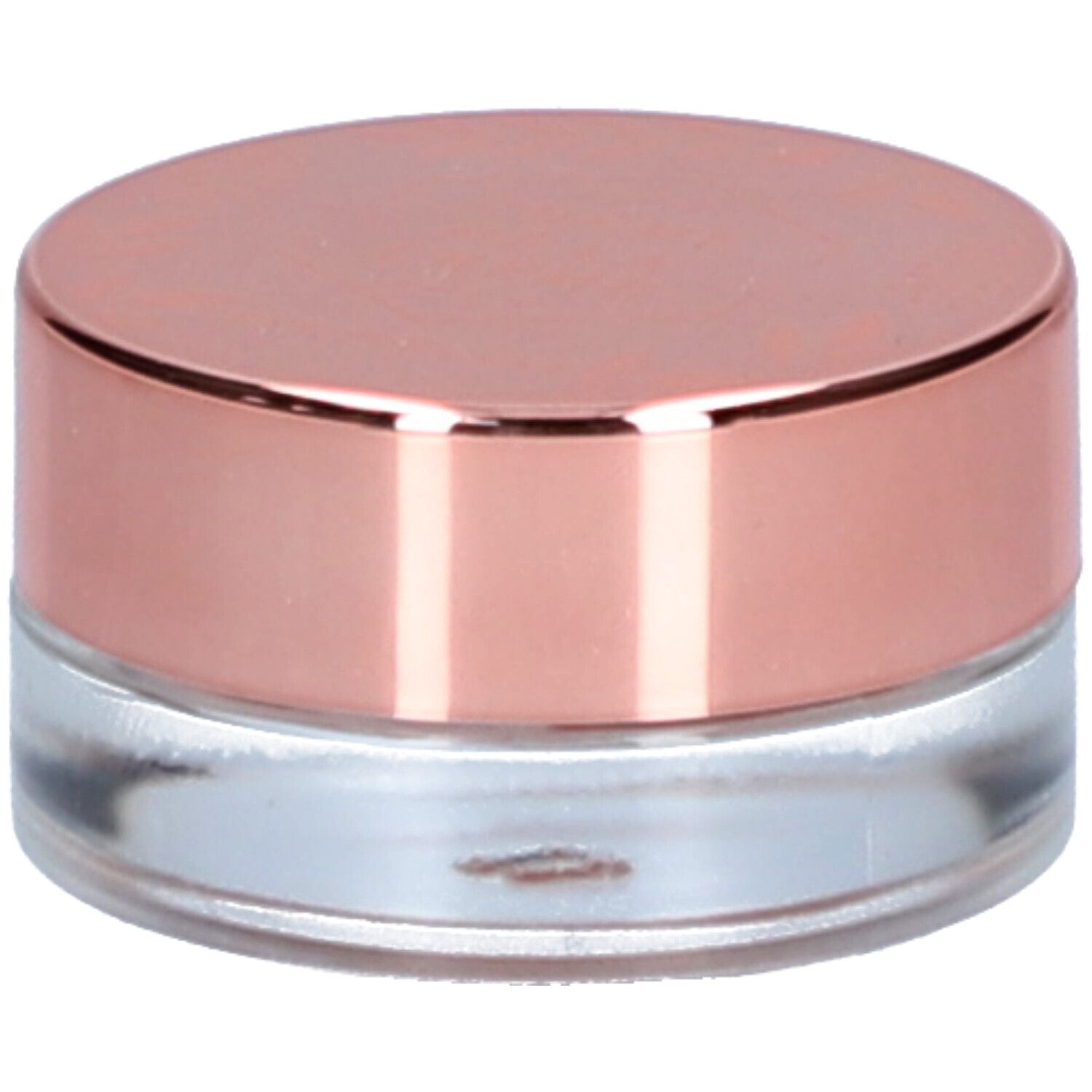 Petit pot rond avec couvercle or rose et récipient en verre transparent.