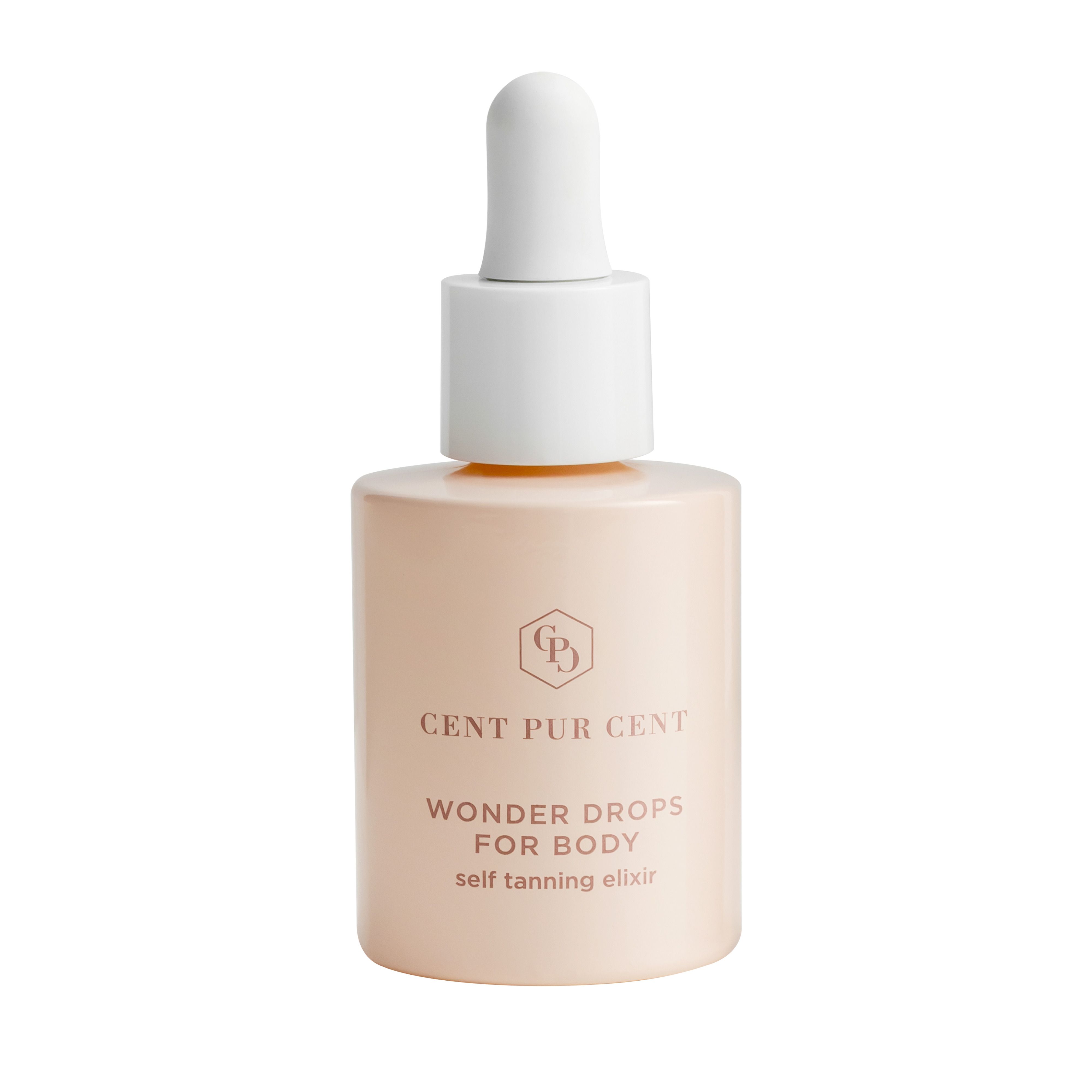 Flacon beige avec bouchon et pipette blancs. Inscription : CENT PUR CENT, Wonder Drops FOR BODY, self tanning elixir.