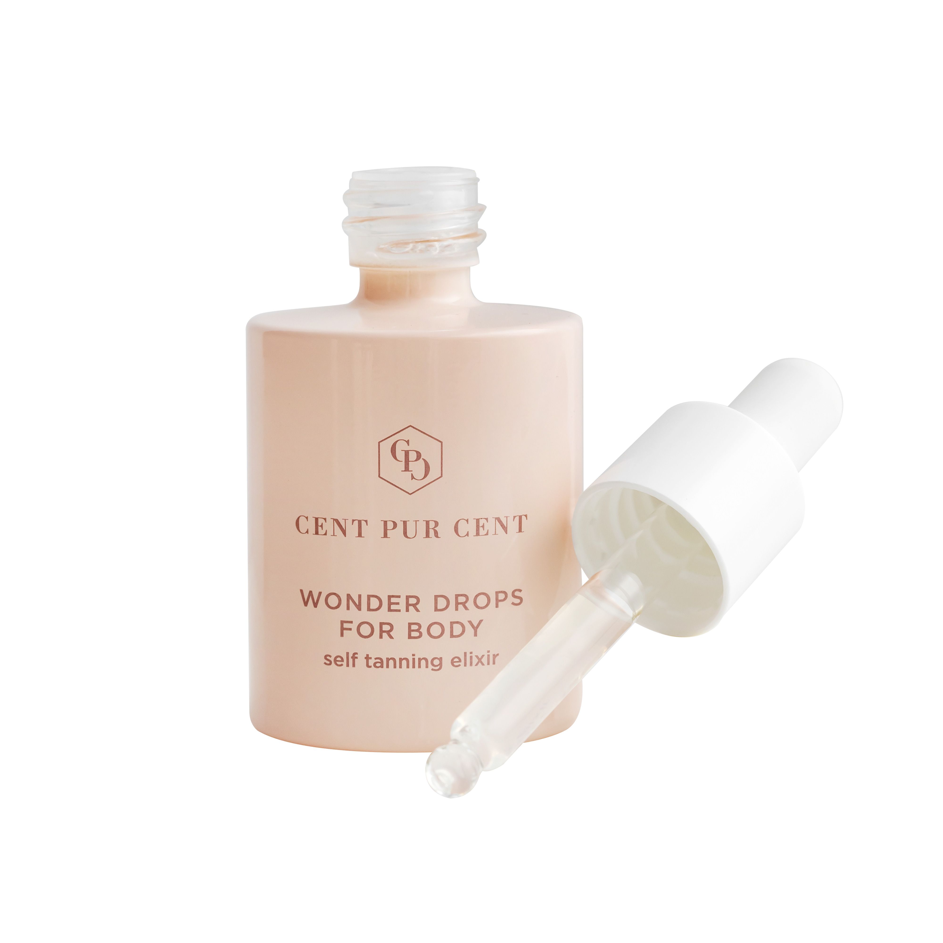 Flacon beige avec bouchon et pipette blancs. Pipette ouverte.