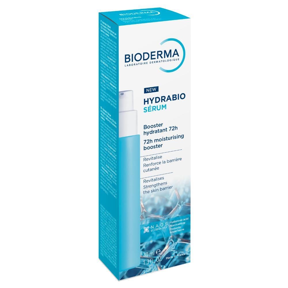 Flacon pompe bleu clair avec bouchon blanc. Bioderma Hydrabio Sérum 72h.