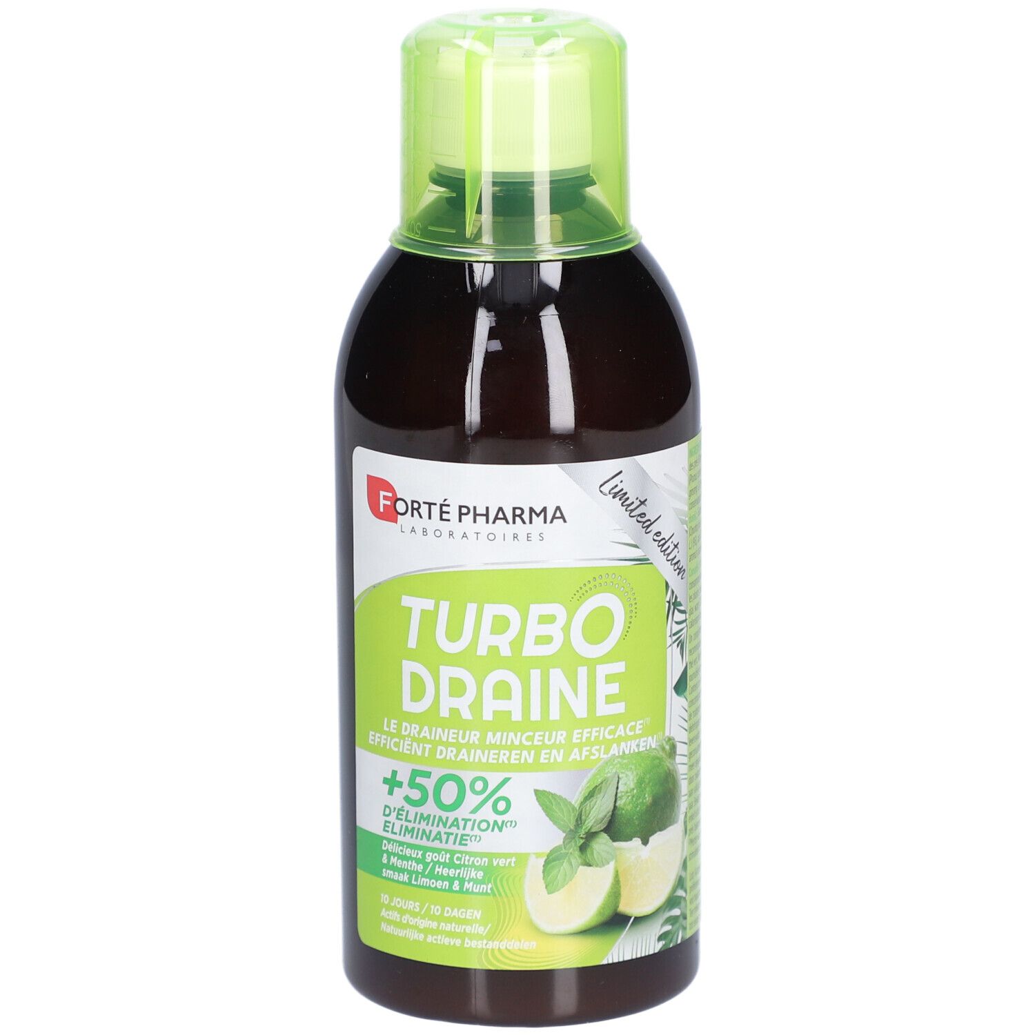 Bouteille marron avec bouchon vert. Inscription: Forté Pharma Turbo Draine. Illustration de citron vert et menthe.