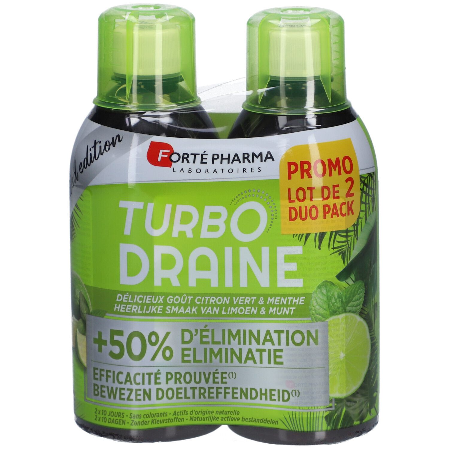 Lot de 2 Turbo Draine, saveur citron vert et menthe. Bouteilles vertes avec bouchons verts. Emballage avec logo et texte.