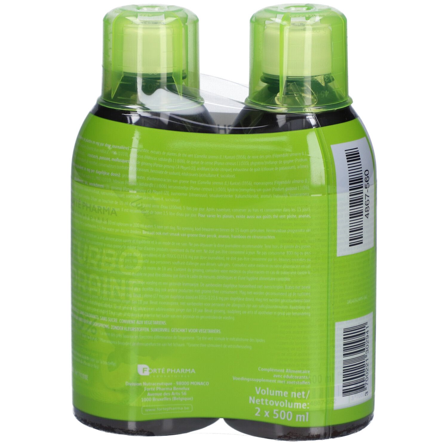 Dos du pack duo Turbo Draine. Emballage vert avec texte. Deux bouteilles visibles.