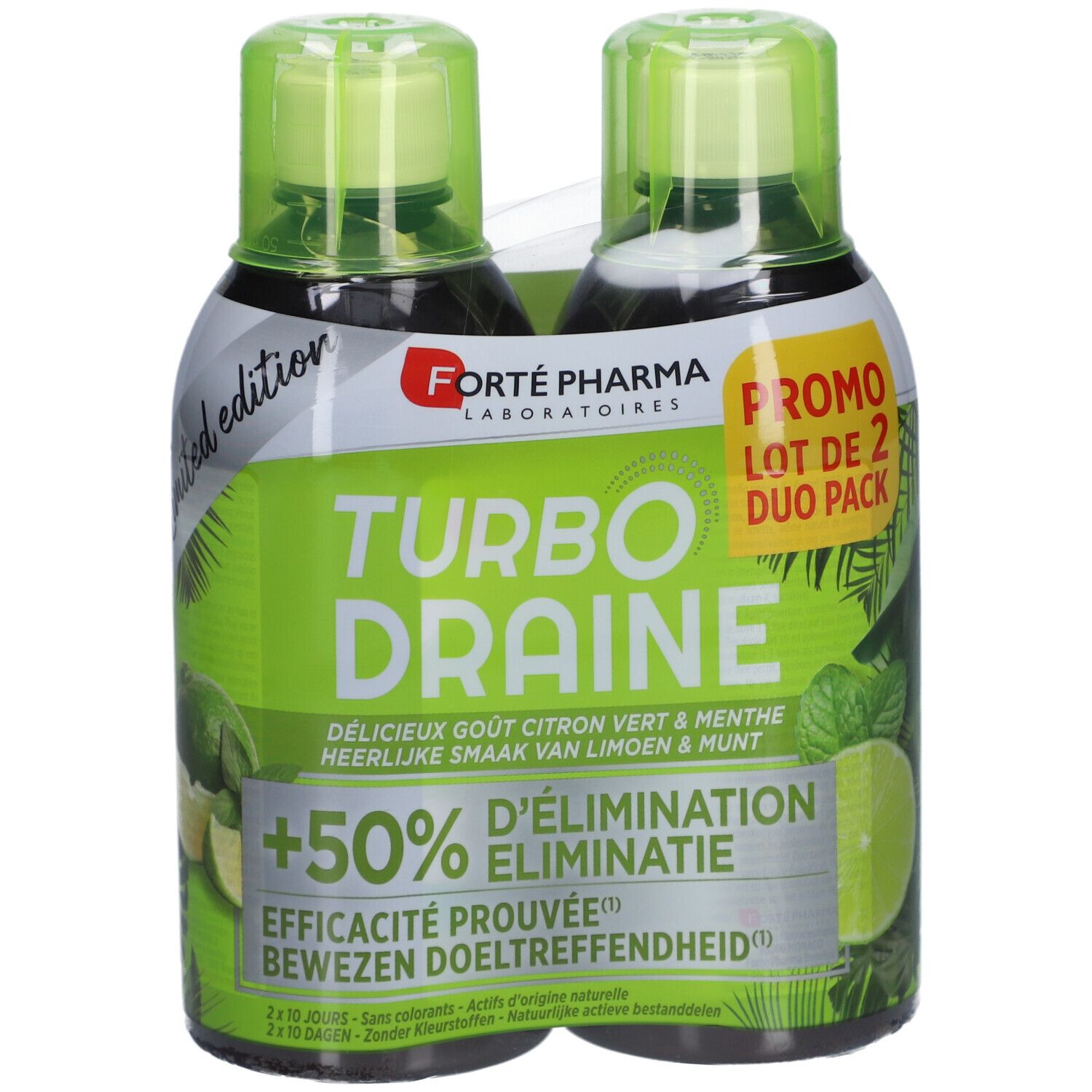Lot de 2 Turbo Draine, saveur citron vert et menthe. Bouteilles vertes avec bouchons verts. Emballage avec logo et texte.