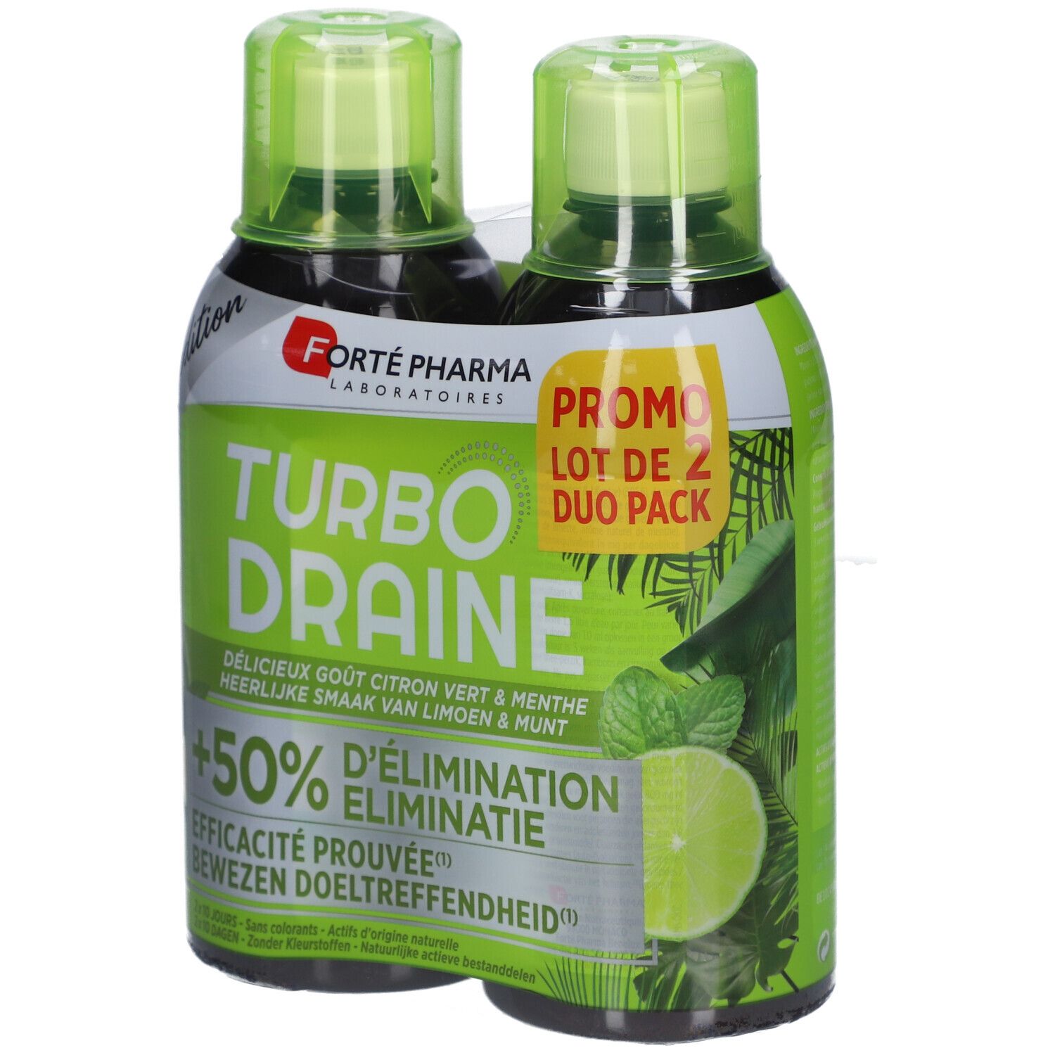 Lot de 2 Turbo Draine, saveur citron vert et menthe. Bouteilles vertes avec bouchons verts. Emballage avec logo et texte.