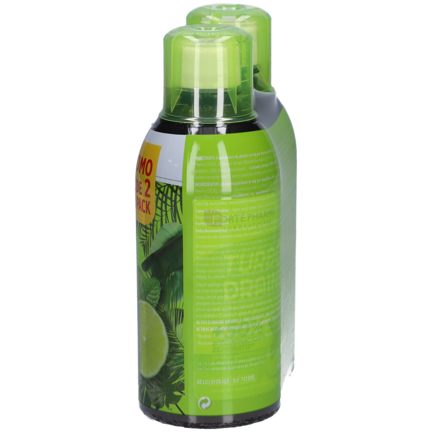 Dos du pack duo Turbo Draine. Emballage vert avec texte. Deux bouteilles visibles.